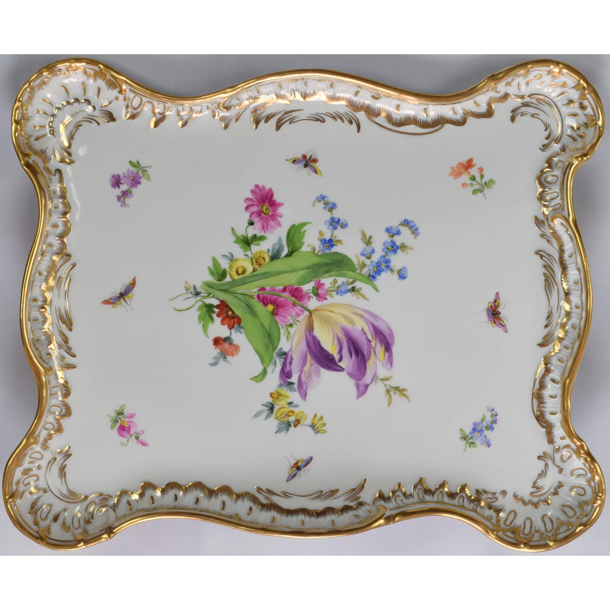 Large Antique Meissen Porcelain Tray - Butterflies, Tulip and Flowers - Gilded - View 2