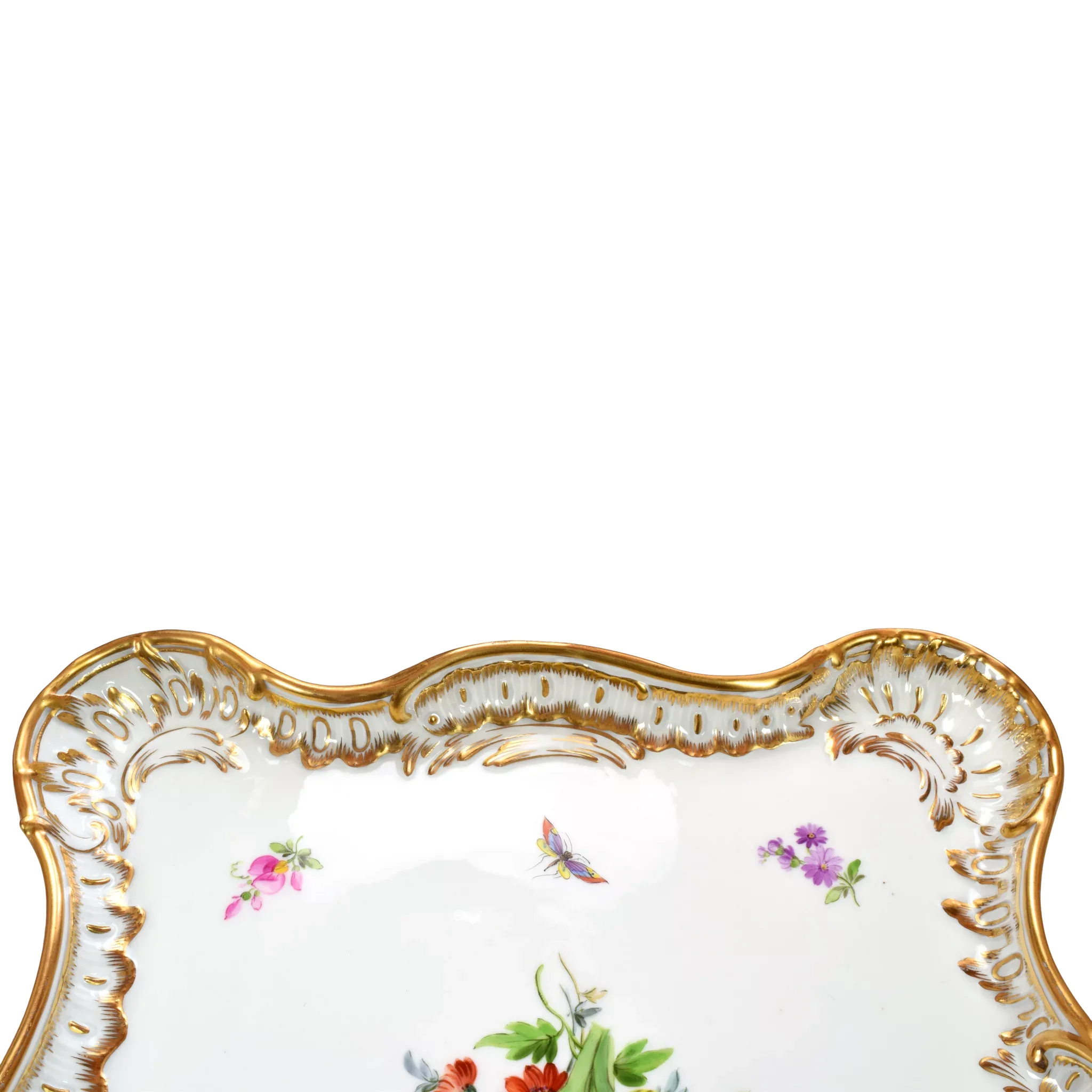 Large Antique Meissen Porcelain Tray - Butterflies, Tulip and Flowers - Gilded - View 4