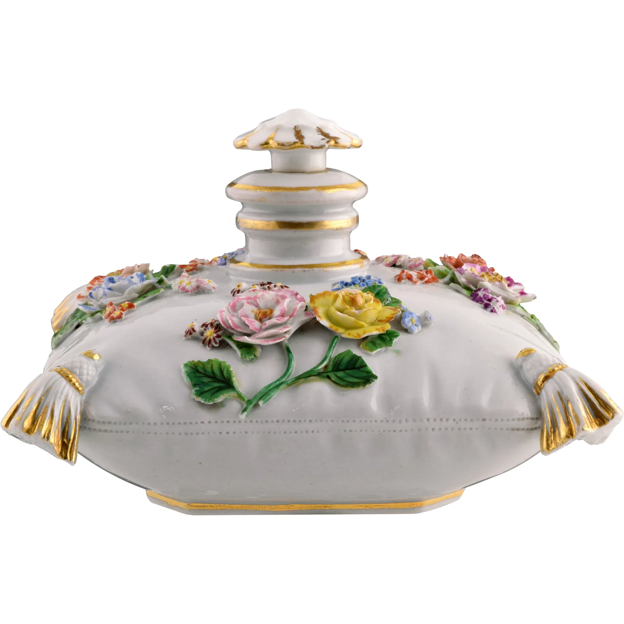 Antique Meissen Porcelain Cushion / Pillow Perfume Scent Bottle - Flowers, Gilded Tassels - Scarce