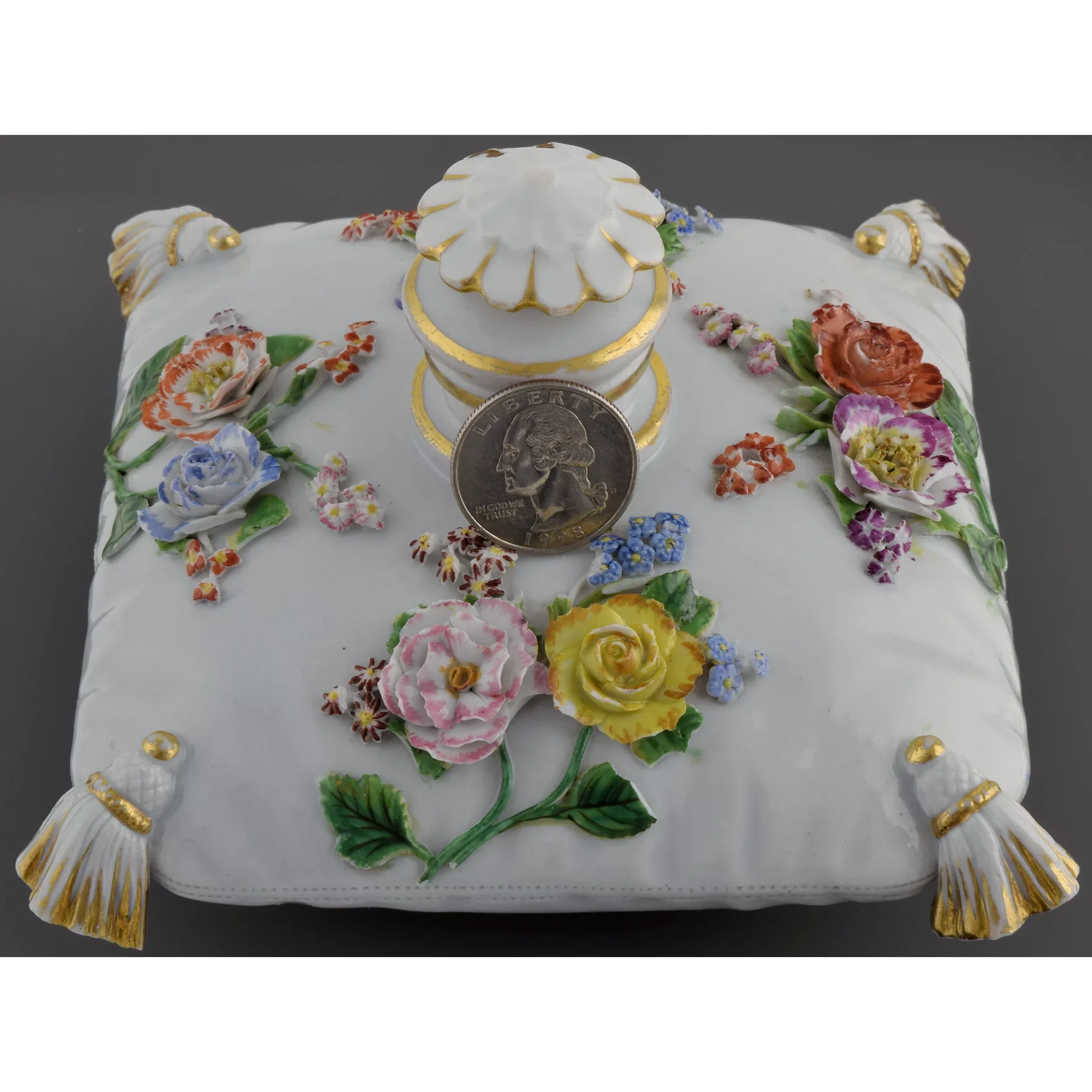 Antique Meissen Porcelain Cushion / Pillow Perfume Scent Bottle - Flowers, Gilded Tassels - Scarce - View 3