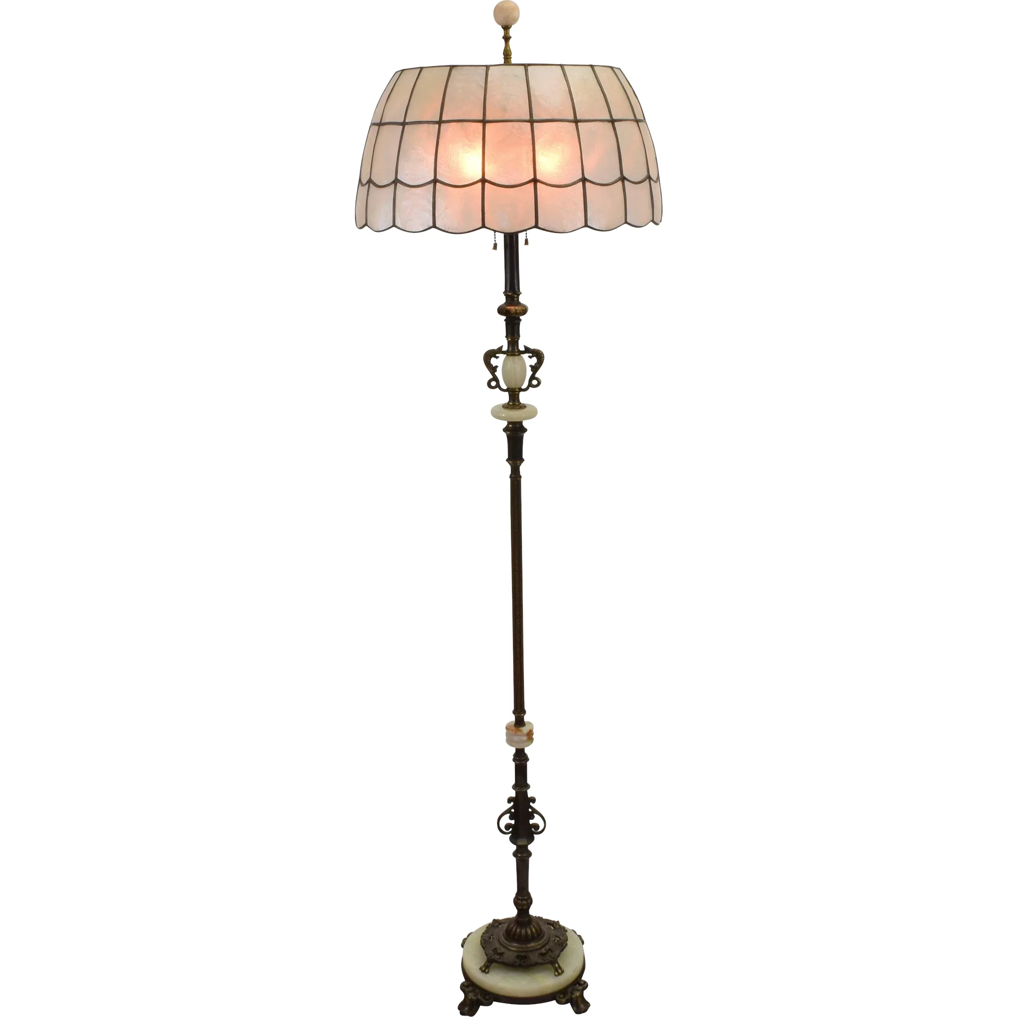 Vintage Rembrandt Iron Brass Onyx Floor Lamp with Capiz Shell Shade
