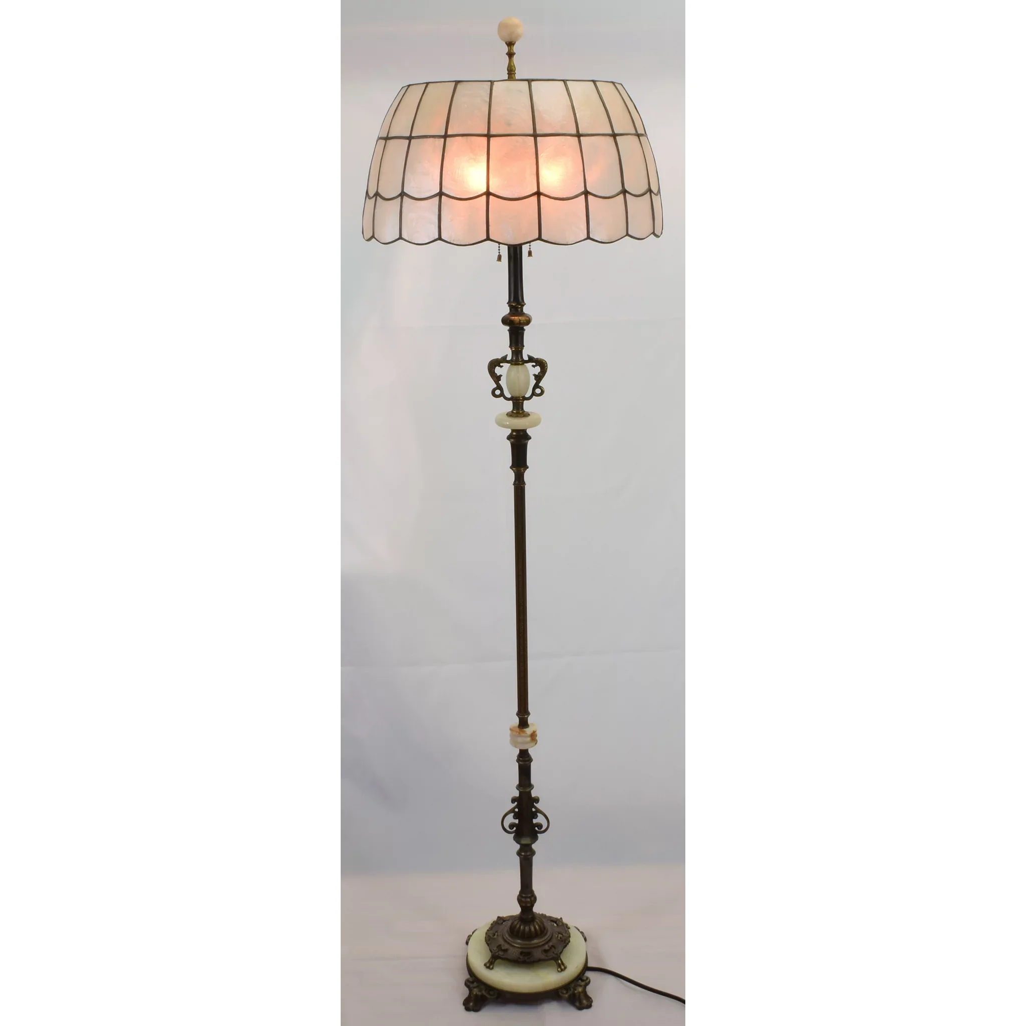 Vintage Rembrandt Iron Brass Onyx Floor Lamp with Capiz Shell Shade - View 7