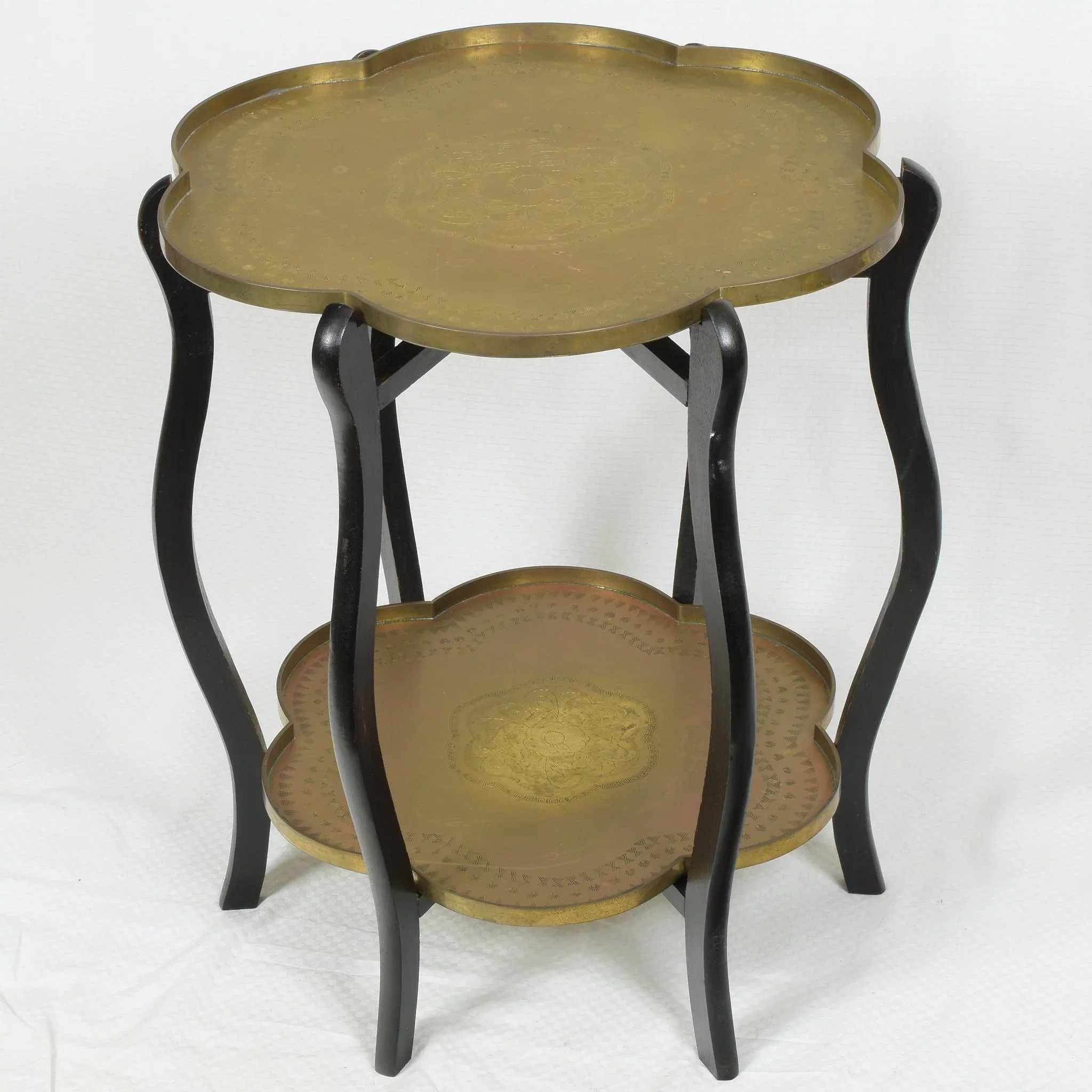 Vintage Two Tier Brass Tray Table - Hong Kong - Folding Stand: wood, red (alternate view) - Furniture