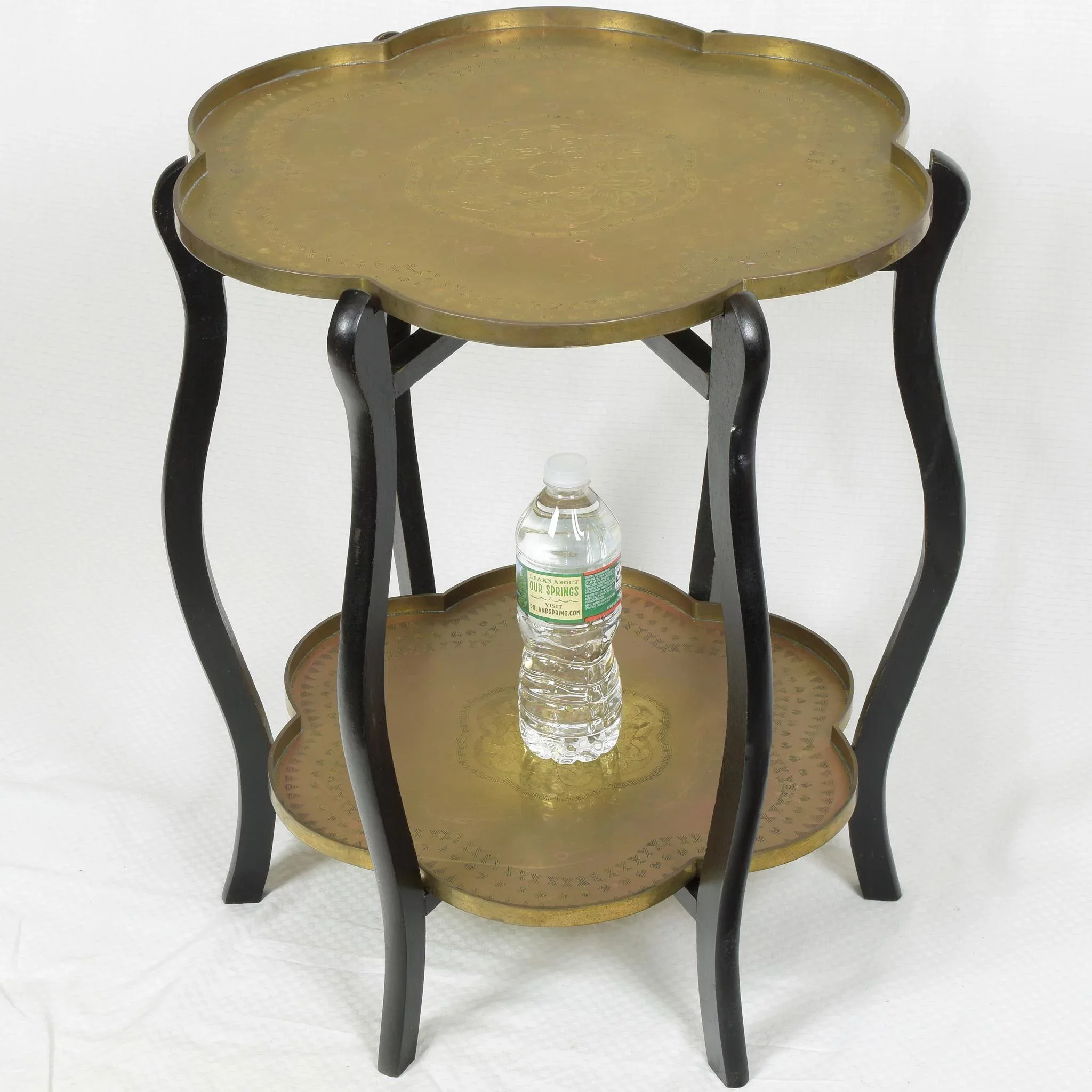 Vintage Two Tier Brass Tray Table - Hong Kong - Folding Stand: wood, red (close-up detail) - Furniture