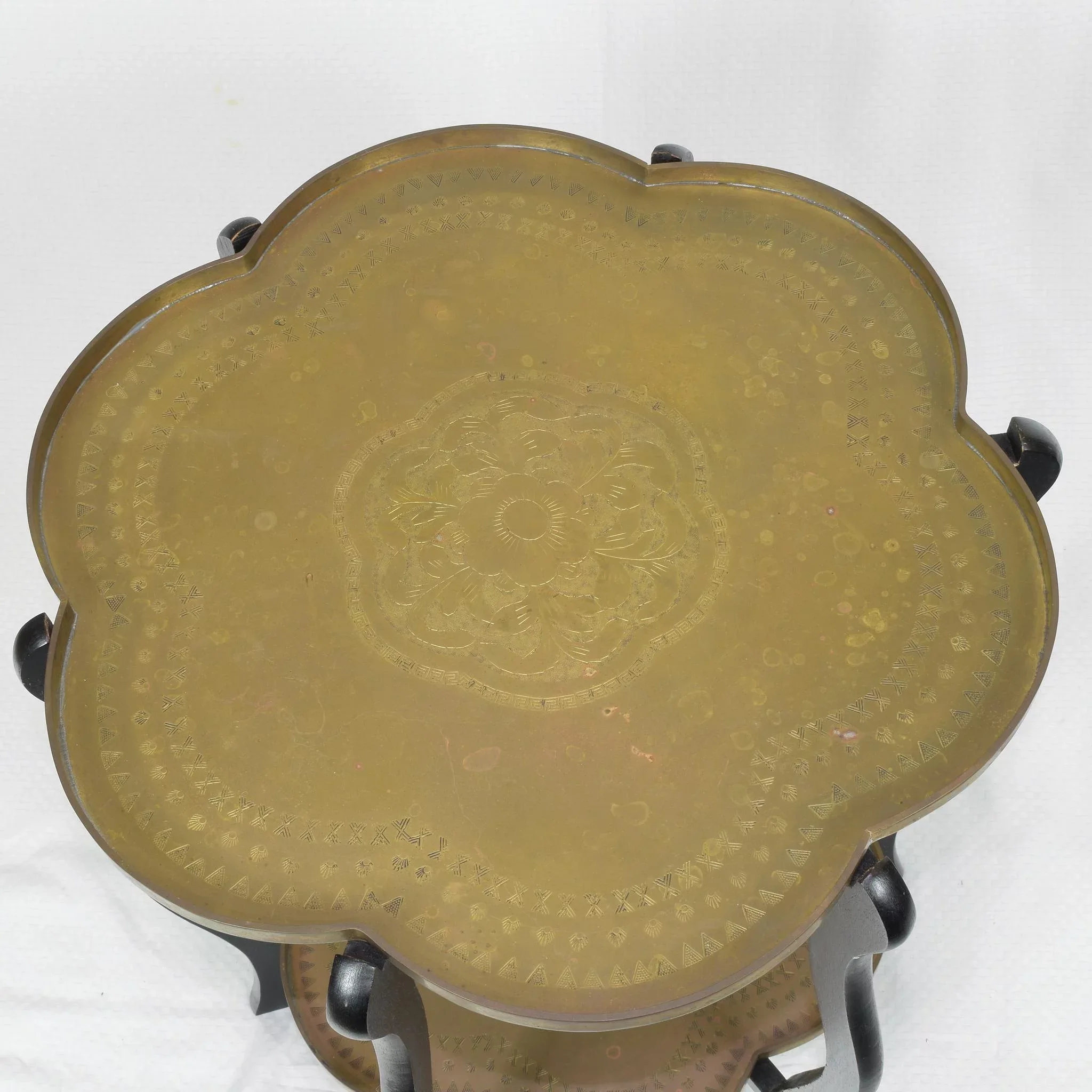 Vintage Two Tier Brass Tray Table - Hong Kong - Folding Stand: wood, red (back view) - Furniture