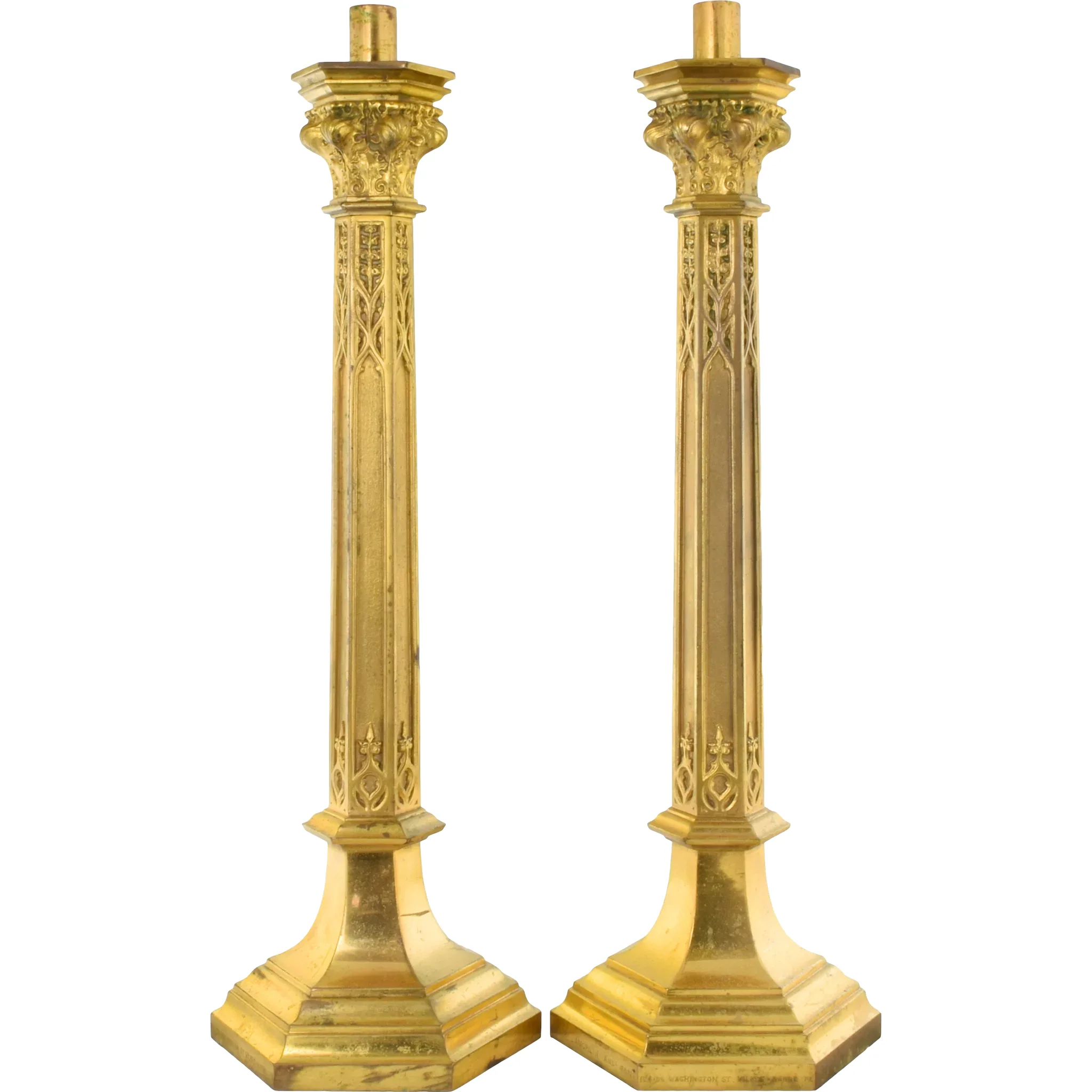 Pair 28" Tall Antique Brass Church Candlesticks