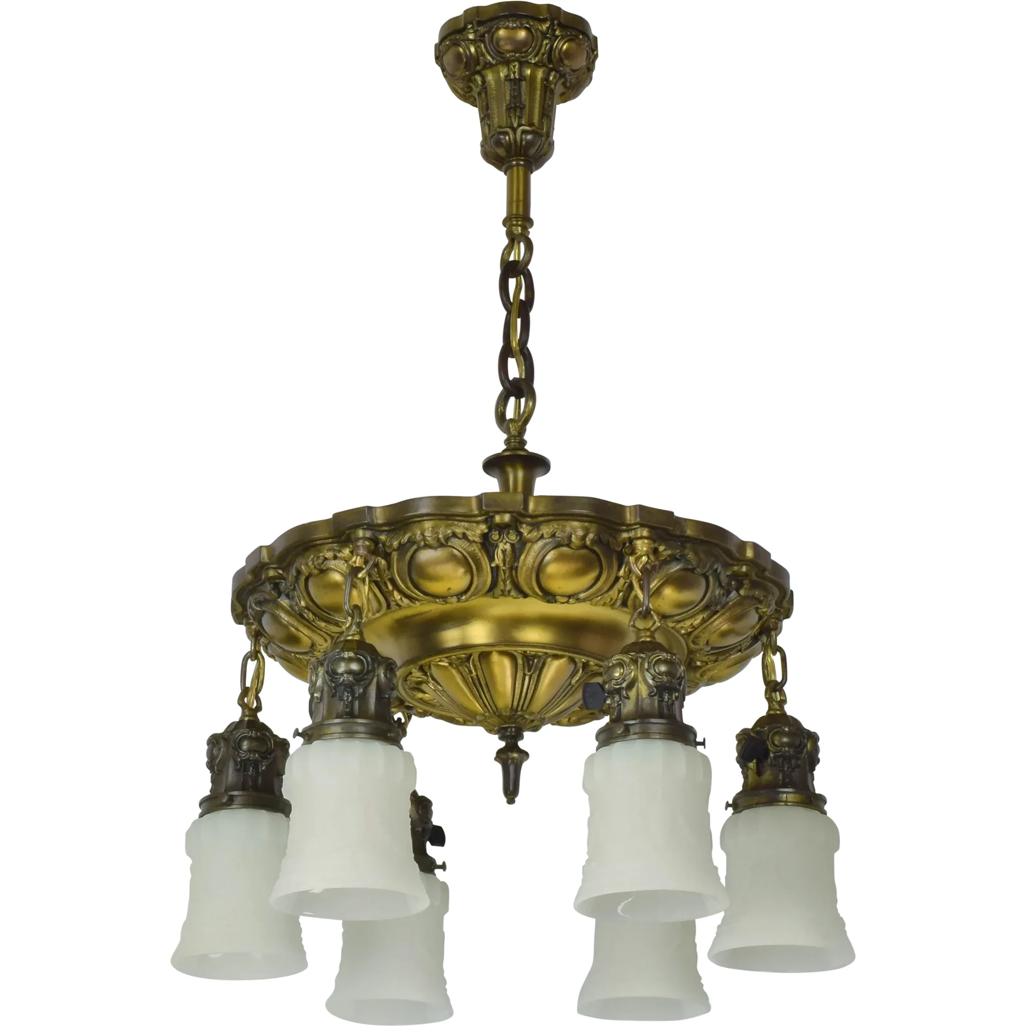 Antique Ornate 6 Light Ceiling Fixture with Urn Garland Shades