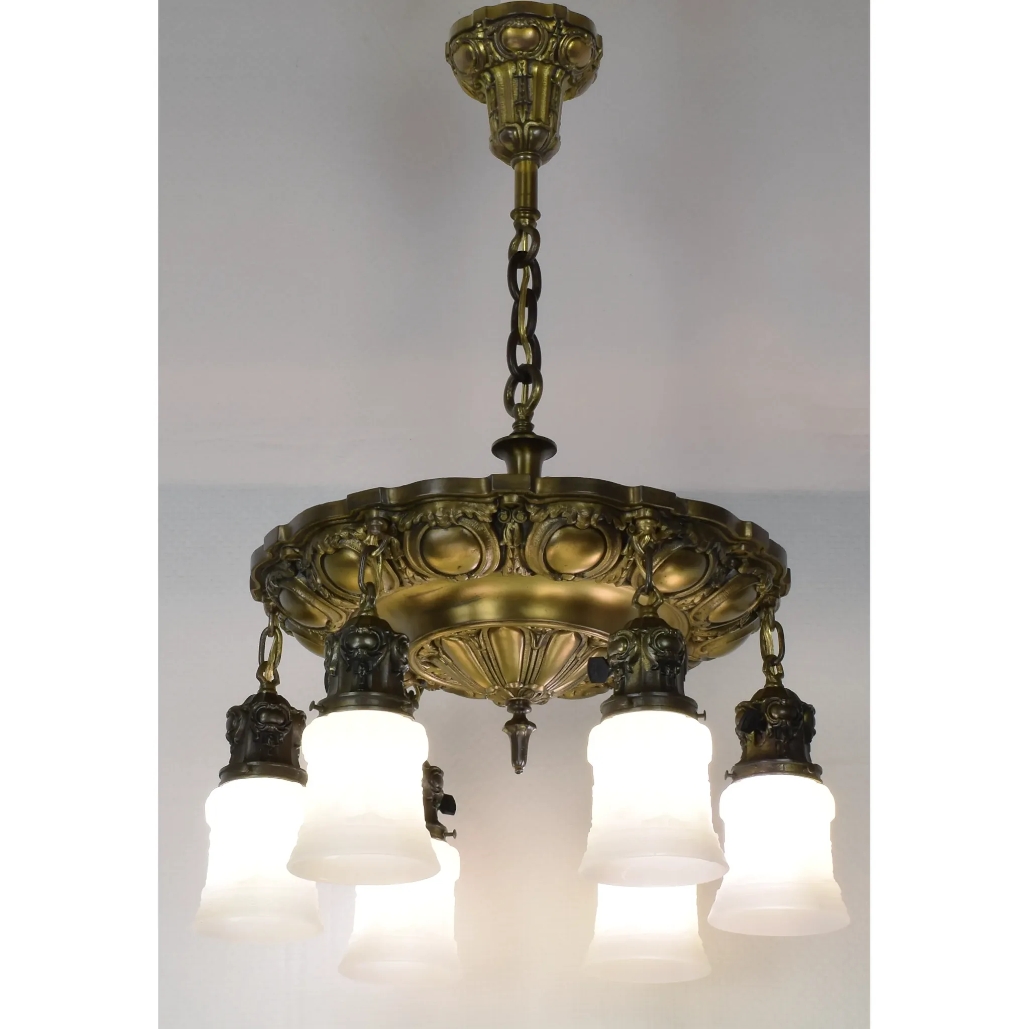 Antique Ornate 6 Light Ceiling Fixture with Urn Garland Shades - View 2