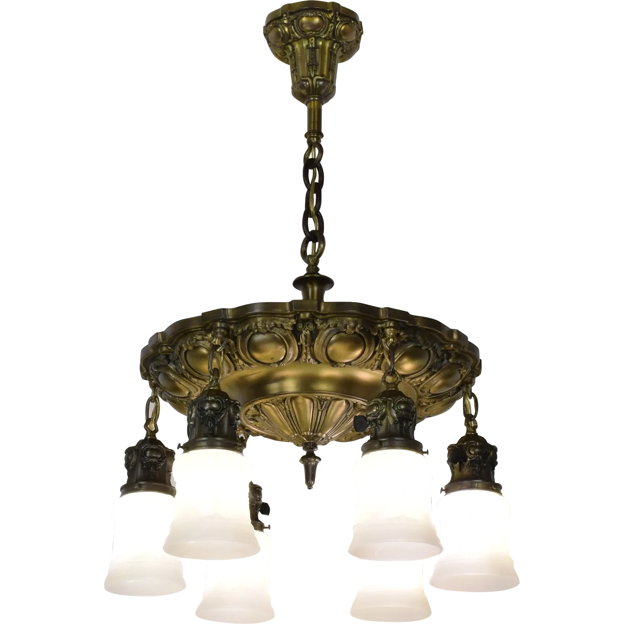 Antique Ornate 6 Light Ceiling Fixture with Urn Garland Shades - View 3