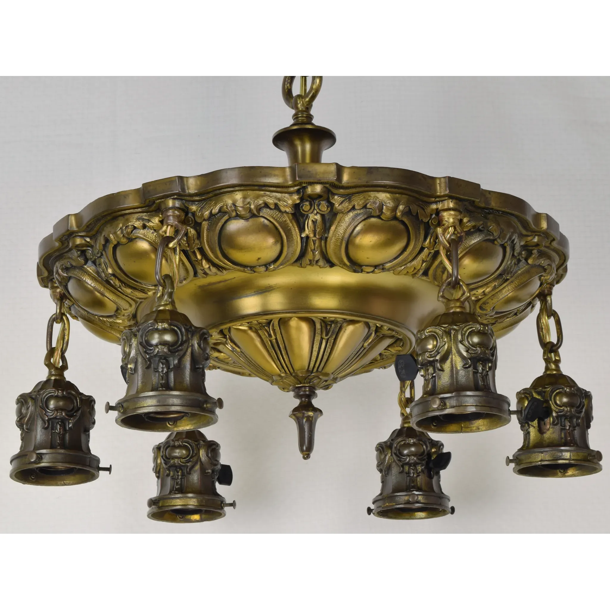 Antique Ornate 6 Light Ceiling Fixture with Urn Garland Shades - View 5