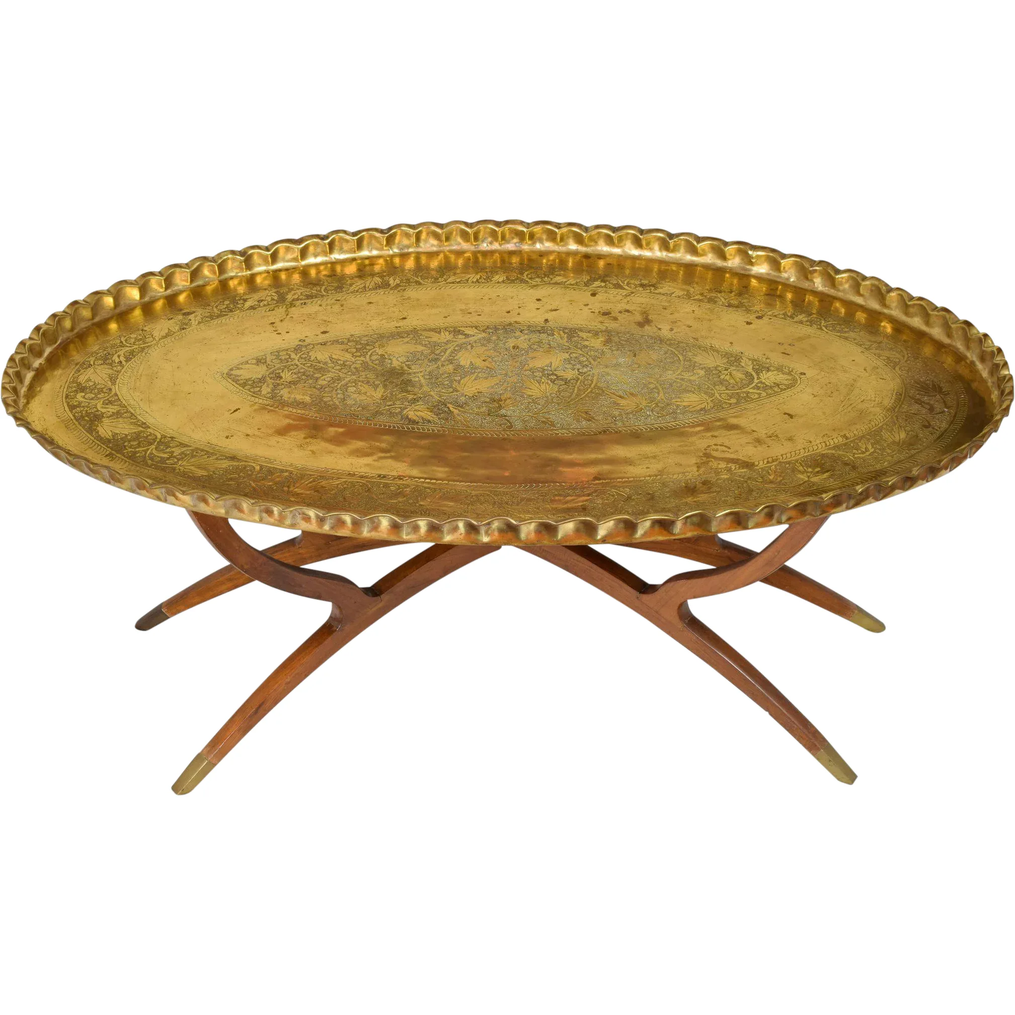 Massive Mid-Century Brass & Teak Wood Tray Table