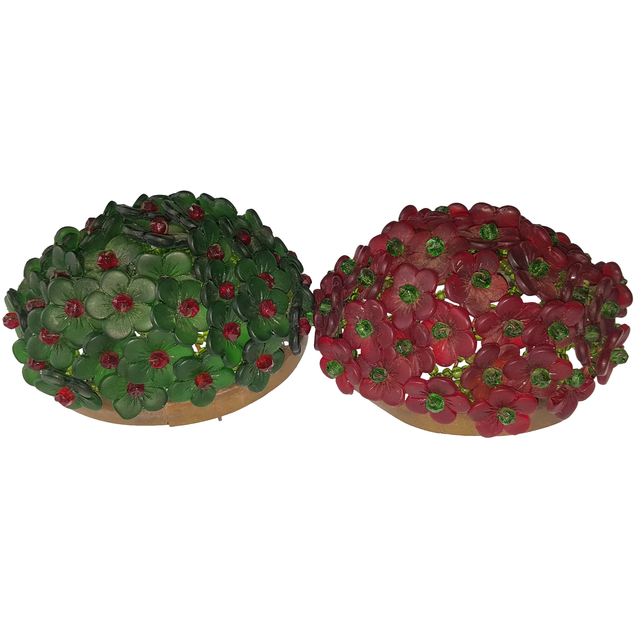 Pair Czechoslovakian Glass Flower Beaded Lamp Shades - Vintage Green &amp; Red