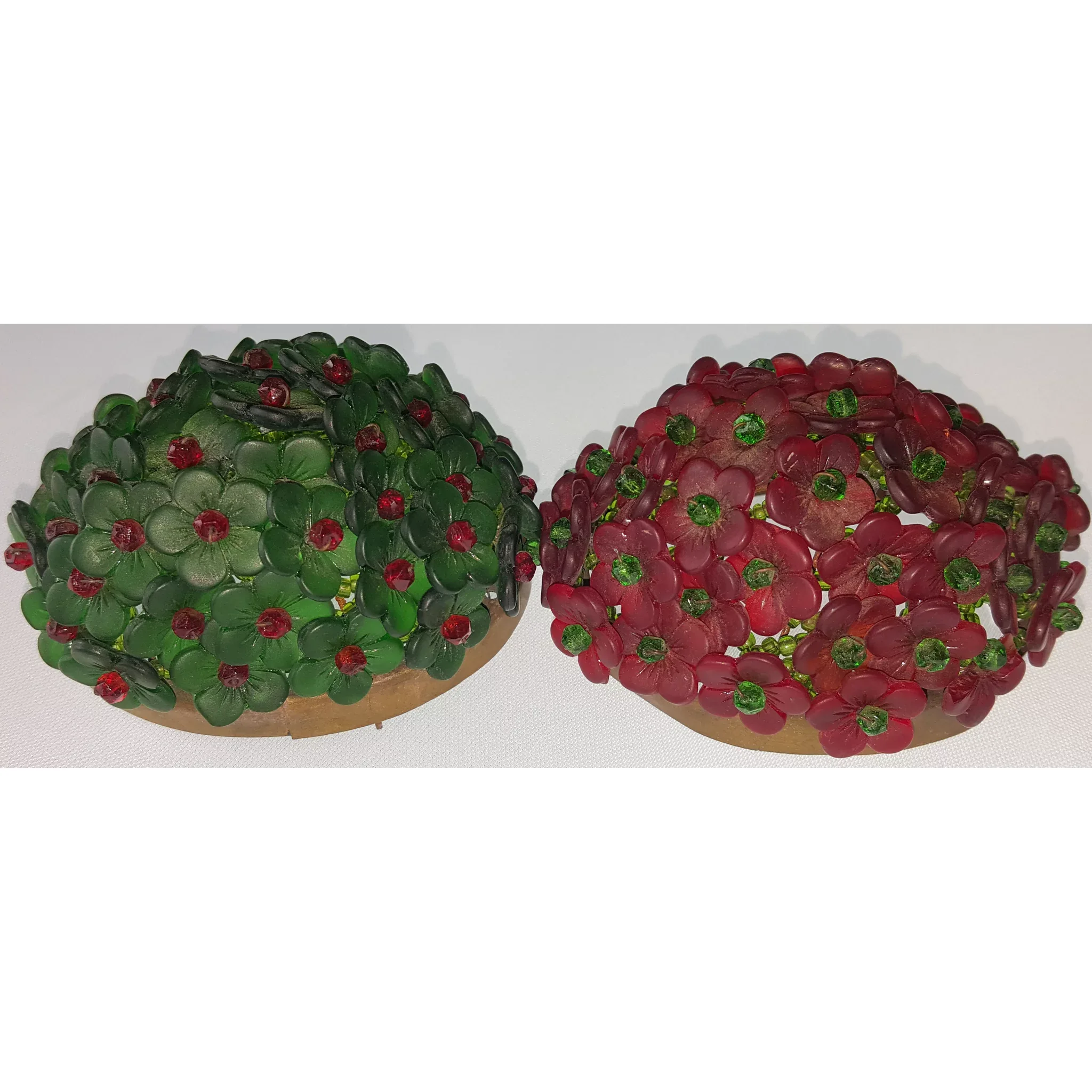 Pair Czechoslovakian Glass Flower Beaded Lamp Shades - Vintage Green & Red - View 2