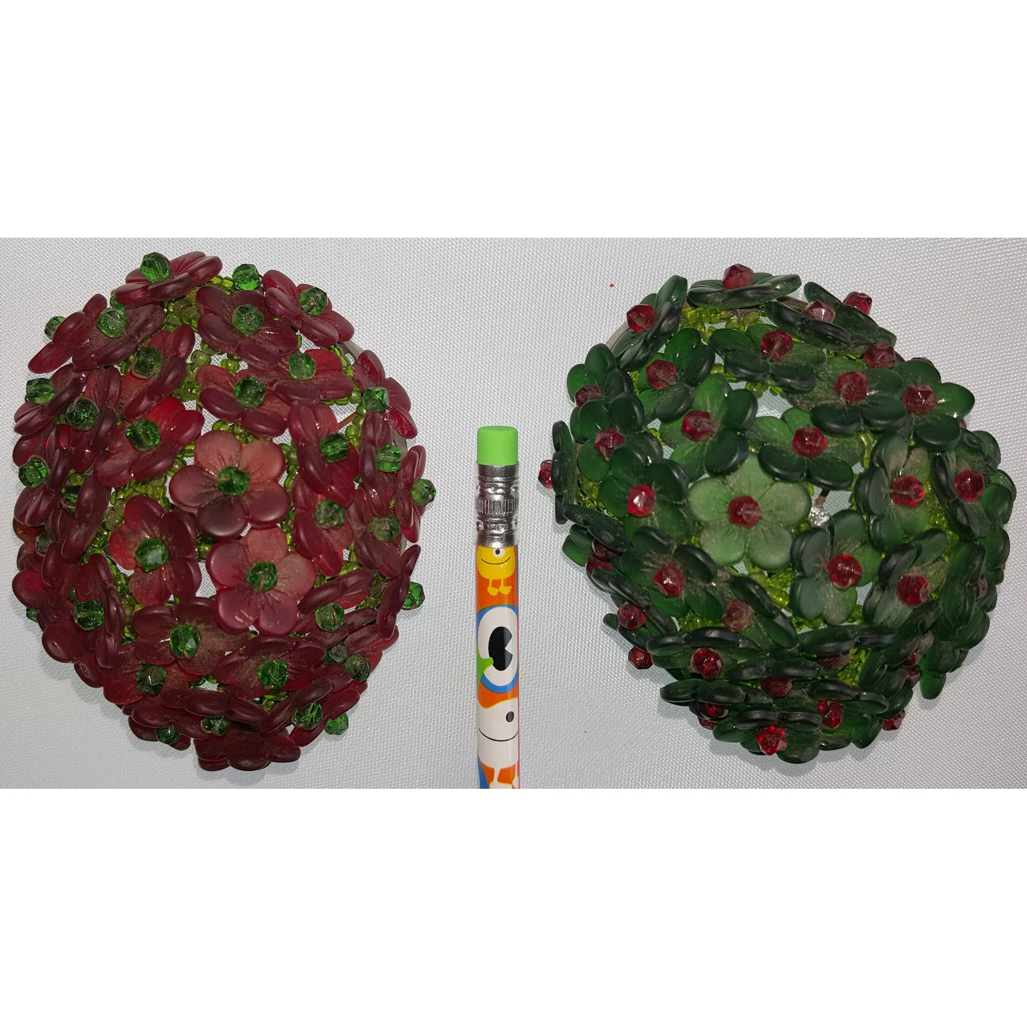 Pair Czechoslovakian Glass Flower Beaded Lamp Shades - Vintage Green & Red - View 3