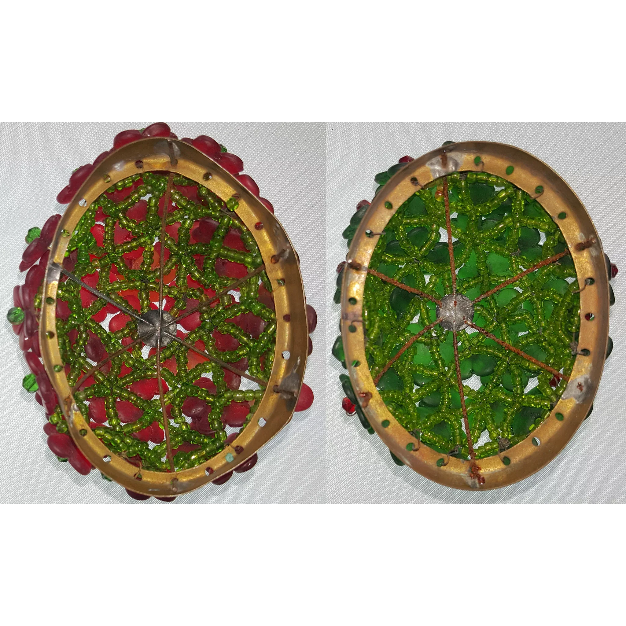 Pair Czechoslovakian Glass Flower Beaded Lamp Shades - Vintage Green & Red - View 4