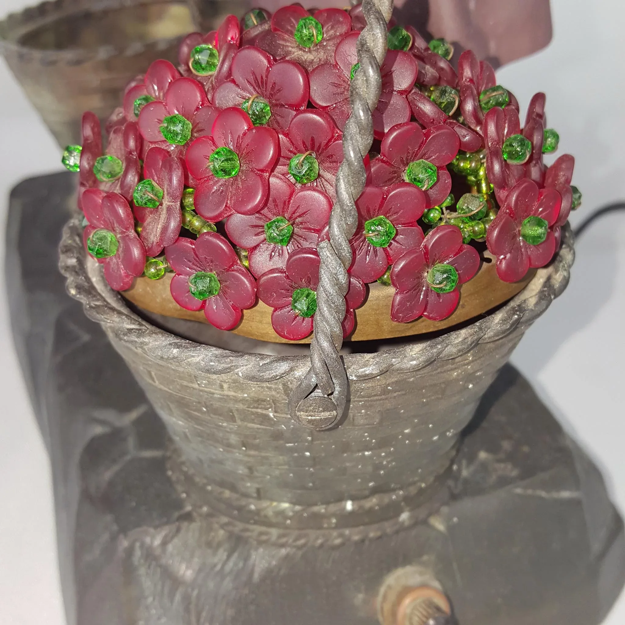 Pair Czechoslovakian Glass Flower Beaded Lamp Shades - Vintage Green & Red - View 5