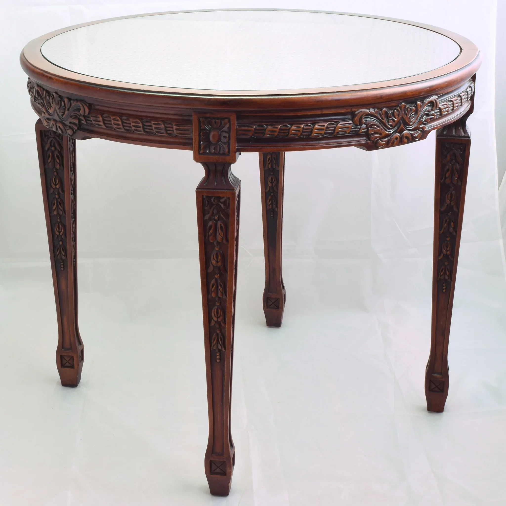 Pair Large Henredon Carved Mahogany Side Tables Cane/Glass - View 4