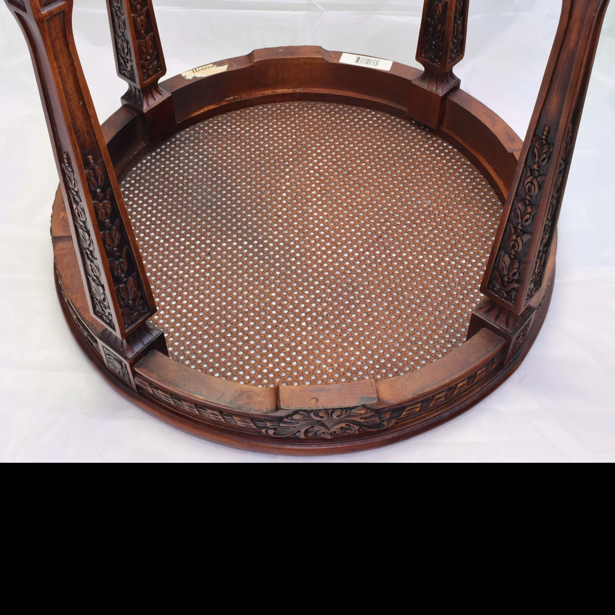 Pair Large Henredon Carved Mahogany Side Tables Cane/Glass - View 9