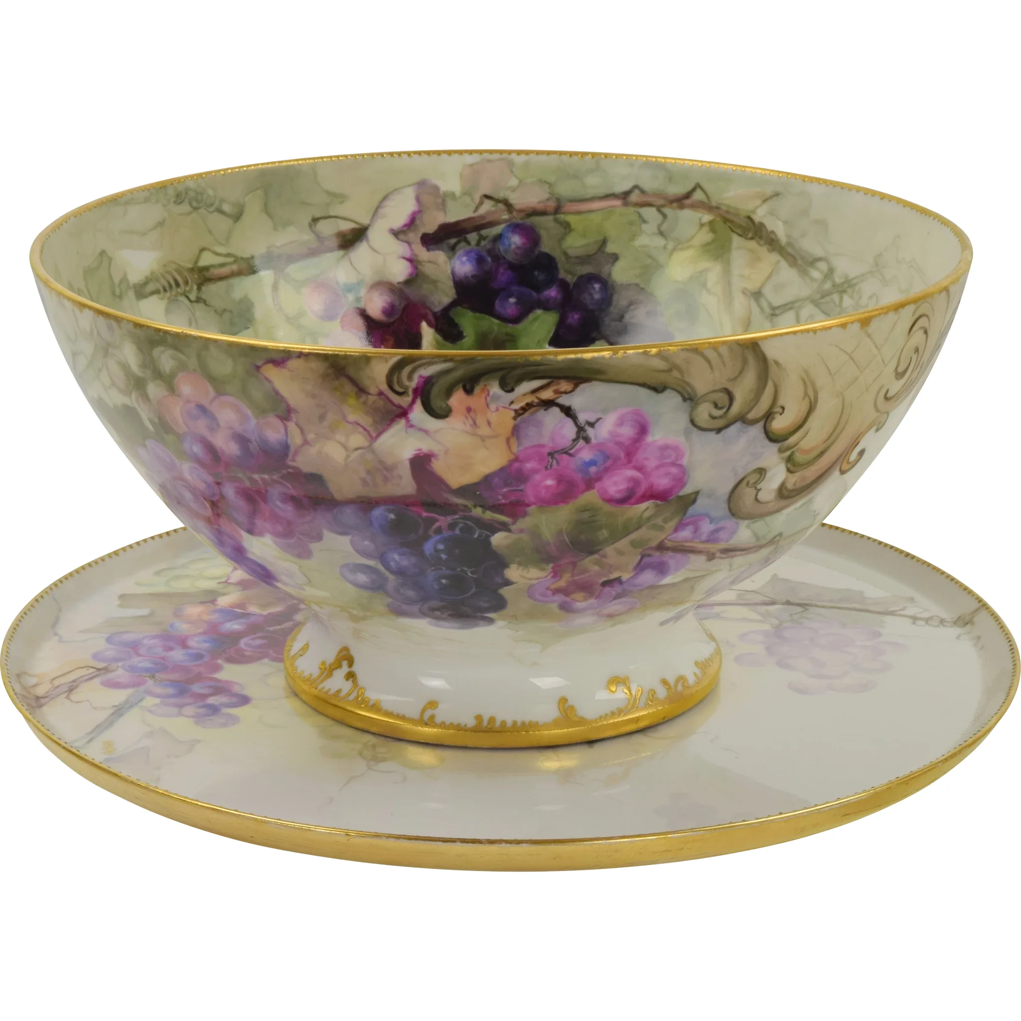Antique HP Limoges Punch Bowl and Underplate Grapes/Vines - 1900 - Signed