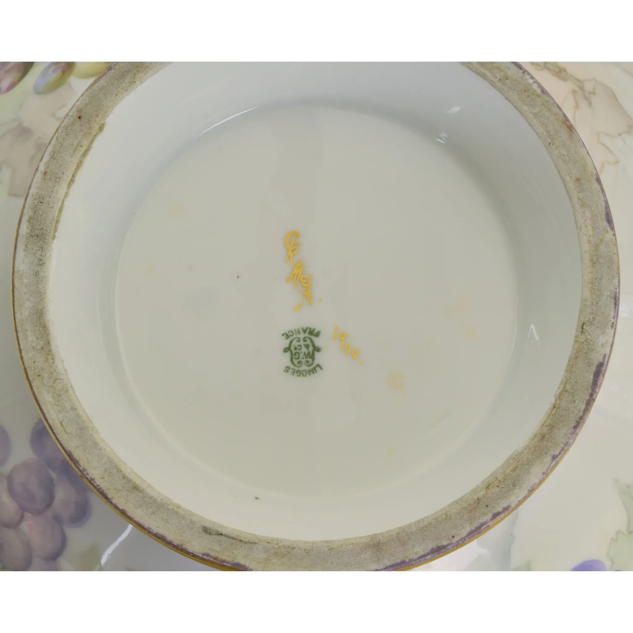 Antique HP Limoges Punch Bowl and Underplate Grapes/Vines - 1900 - Signed - View 10