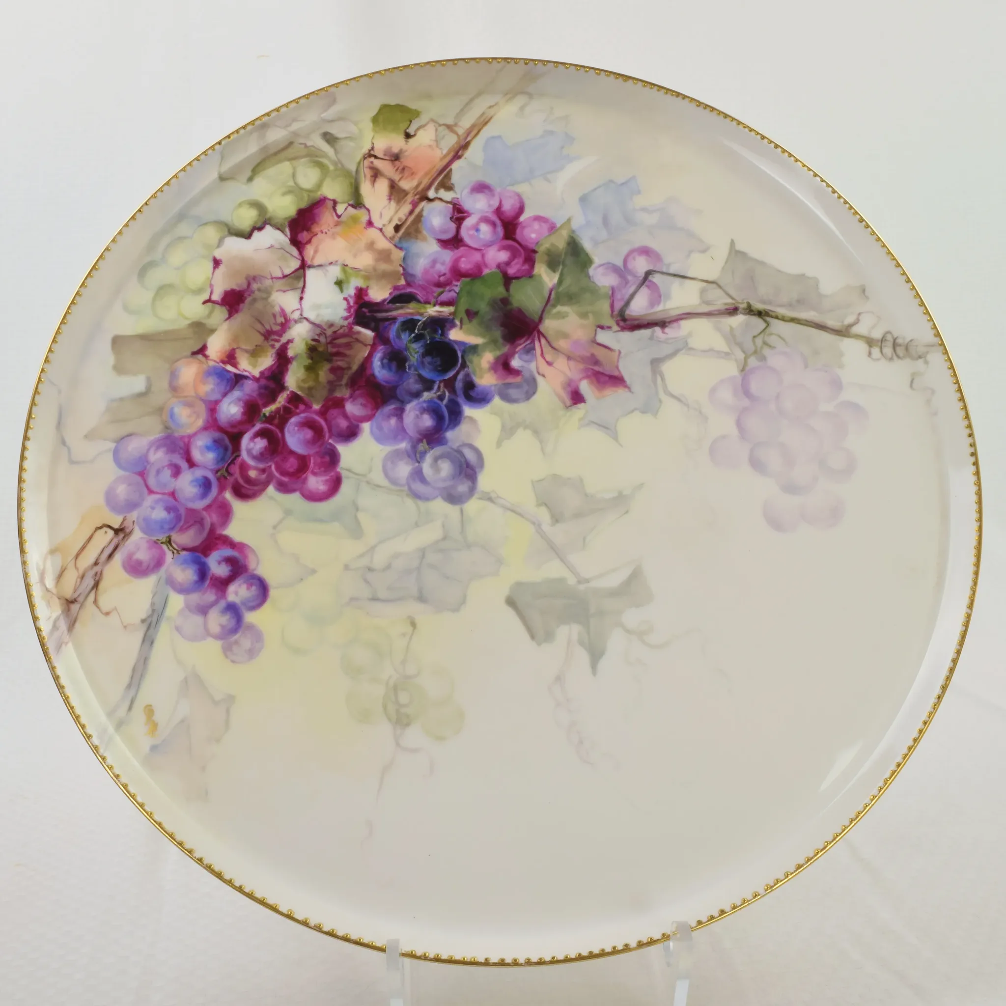 Antique HP Limoges Punch Bowl and Underplate Grapes/Vines - 1900 - Signed - View 11