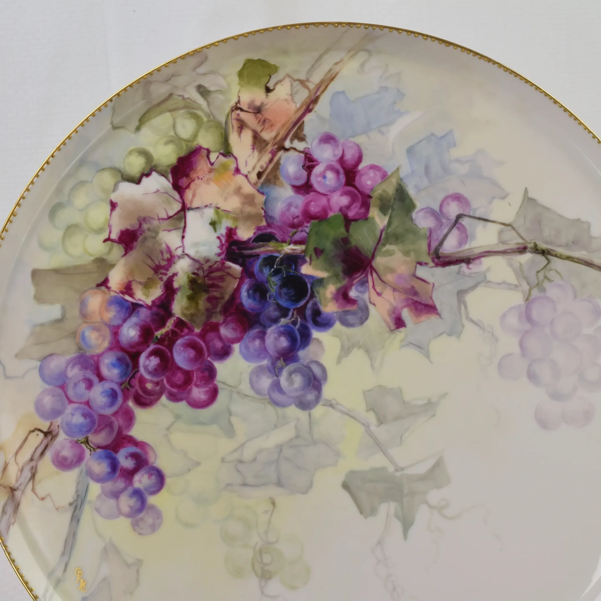 Antique HP Limoges Punch Bowl and Underplate Grapes/Vines - 1900 - Signed - View 13