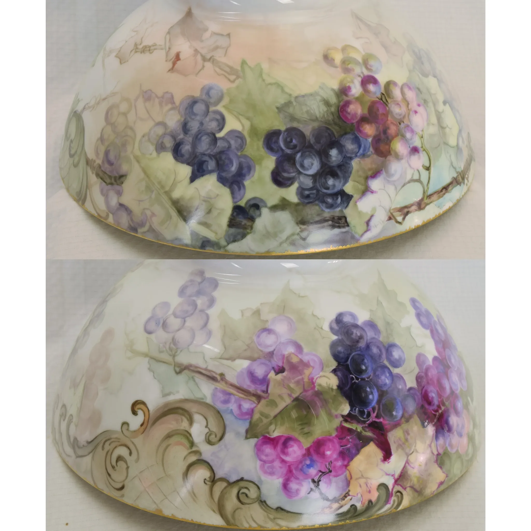 Antique HP Limoges Punch Bowl and Underplate Grapes/Vines - 1900 - Signed - View 2