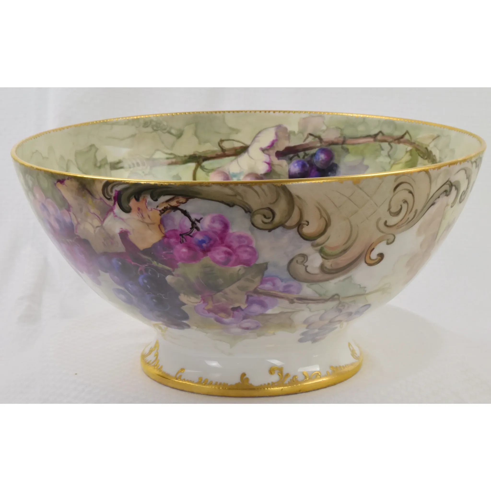 Antique HP Limoges Punch Bowl and Underplate Grapes/Vines - 1900 - Signed - View 8