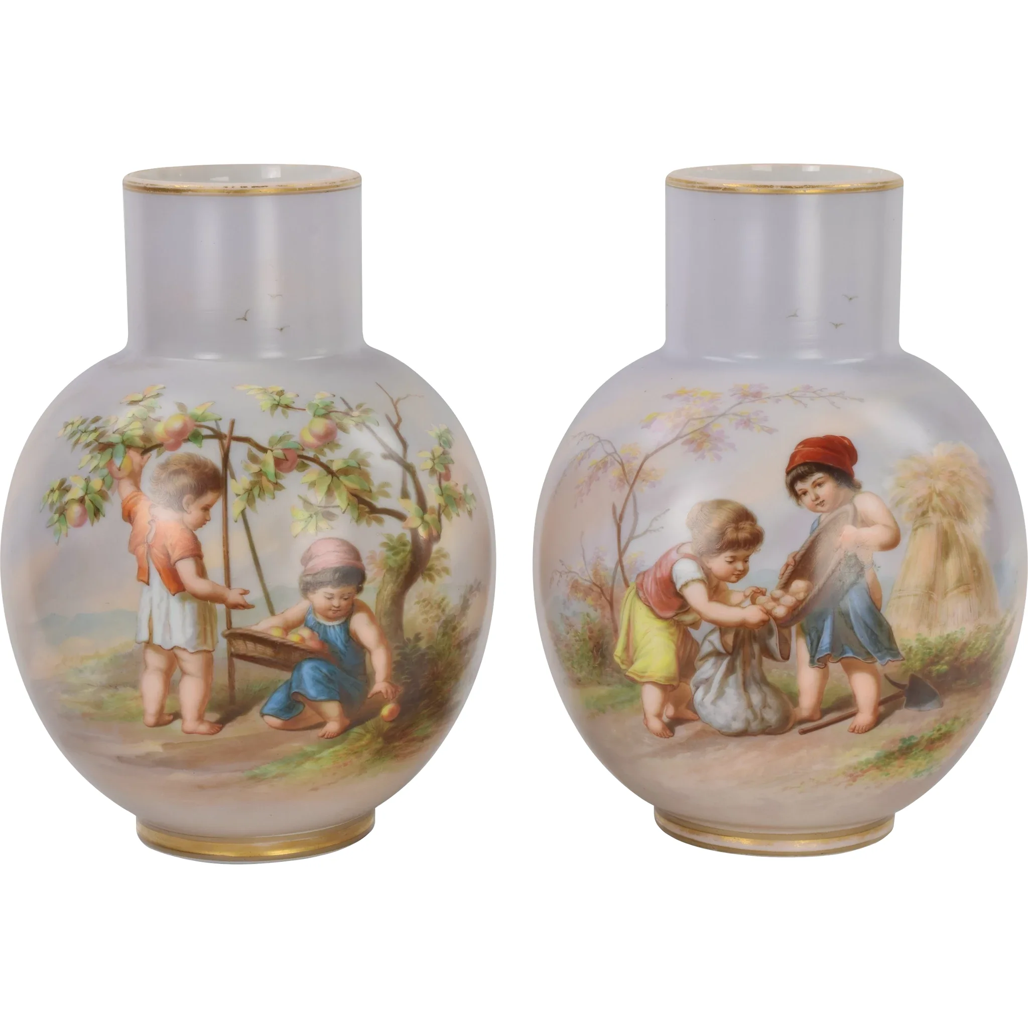 Antique Pair Baccarat Vases HP Children Peach Pickers and Potato Diggers - 1870s