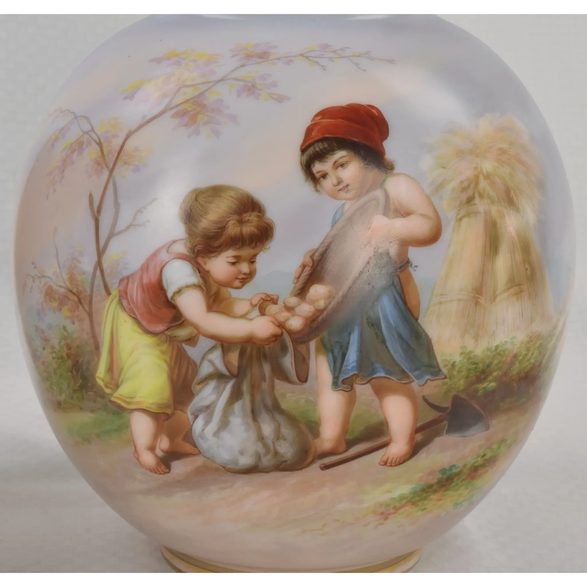 Antique Pair Baccarat Vases HP Children Peach Pickers and Potato Diggers - 1870s - View 2