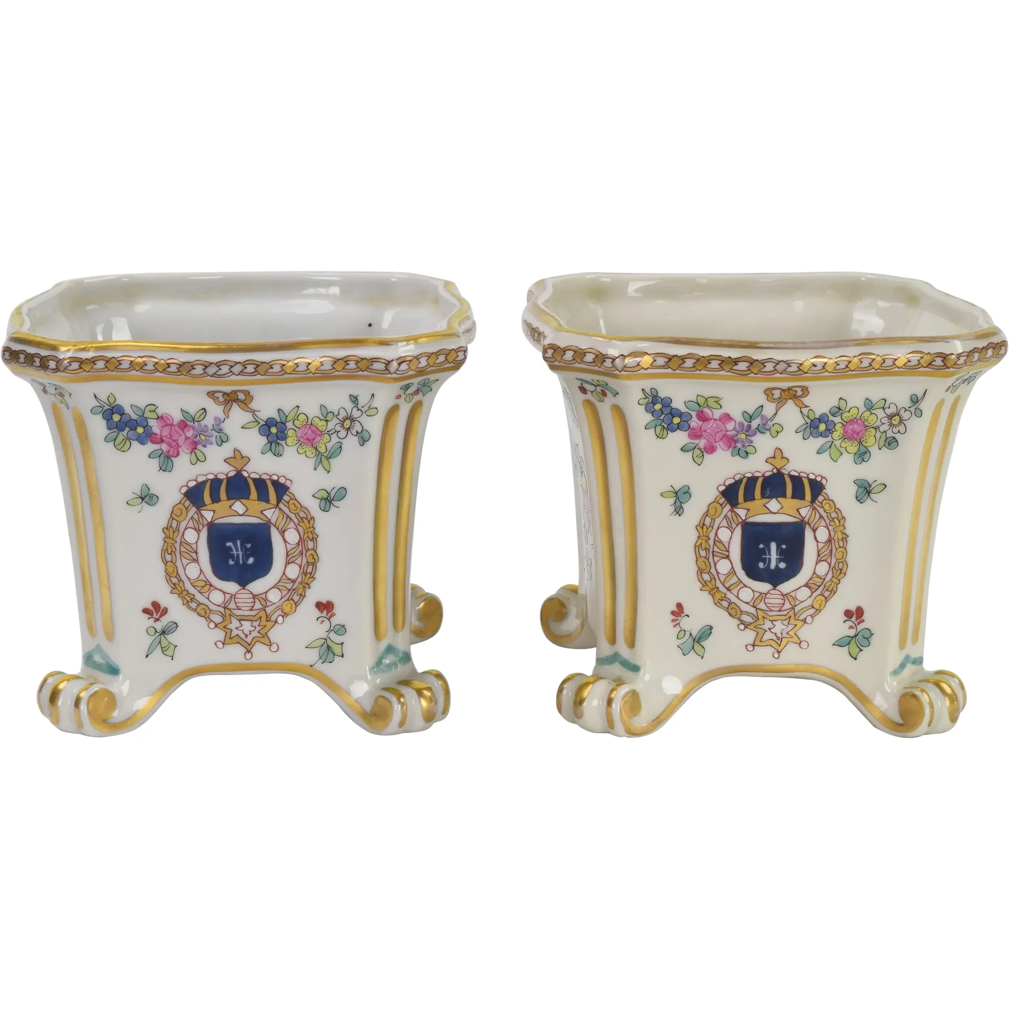 Pair Vintage Enameled Porcelain de Paris Cache Pots - Flowers and Shields