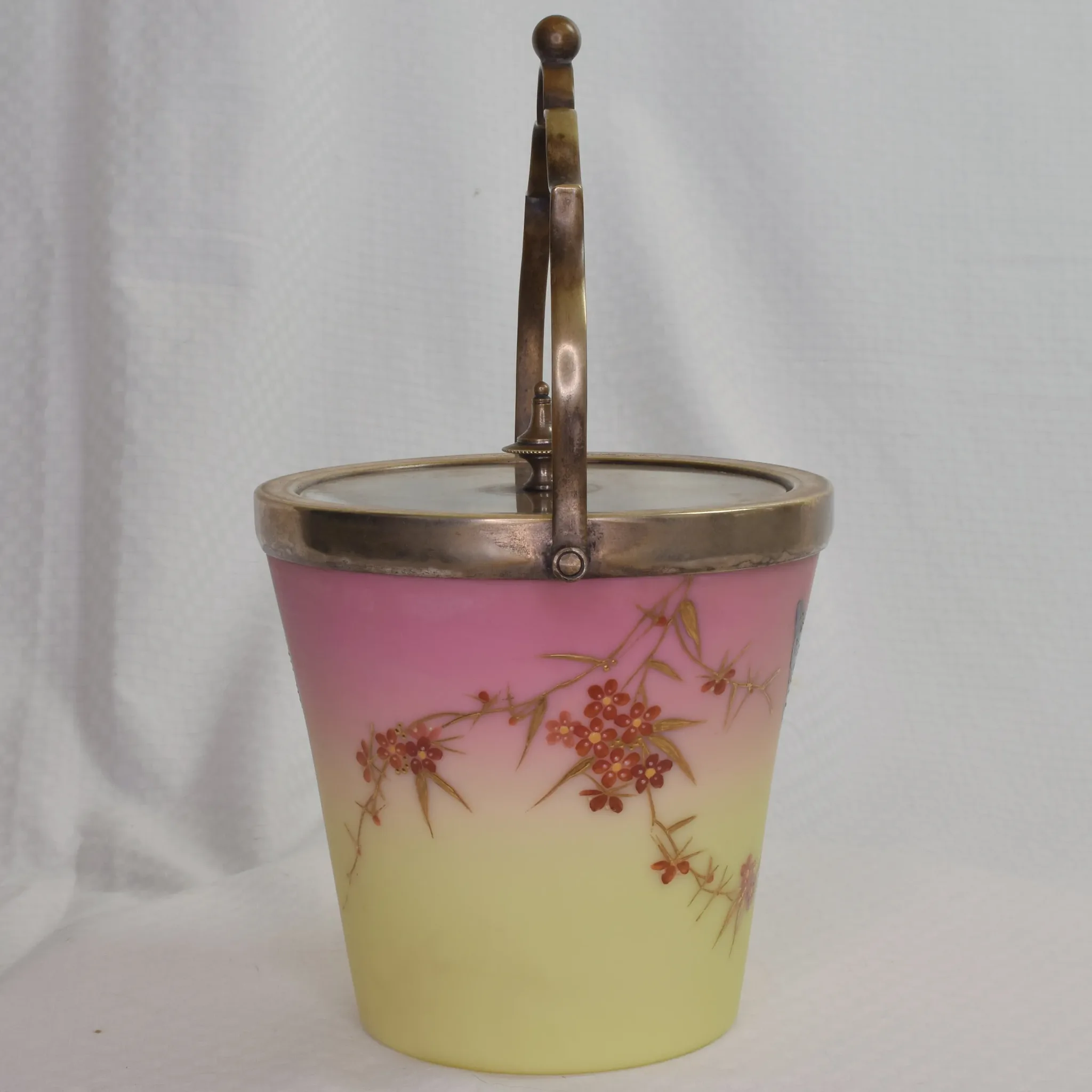 Antique Enameled Thomas Webb Burmese Glass Biscuit Jar - Silver Mounts - View 2