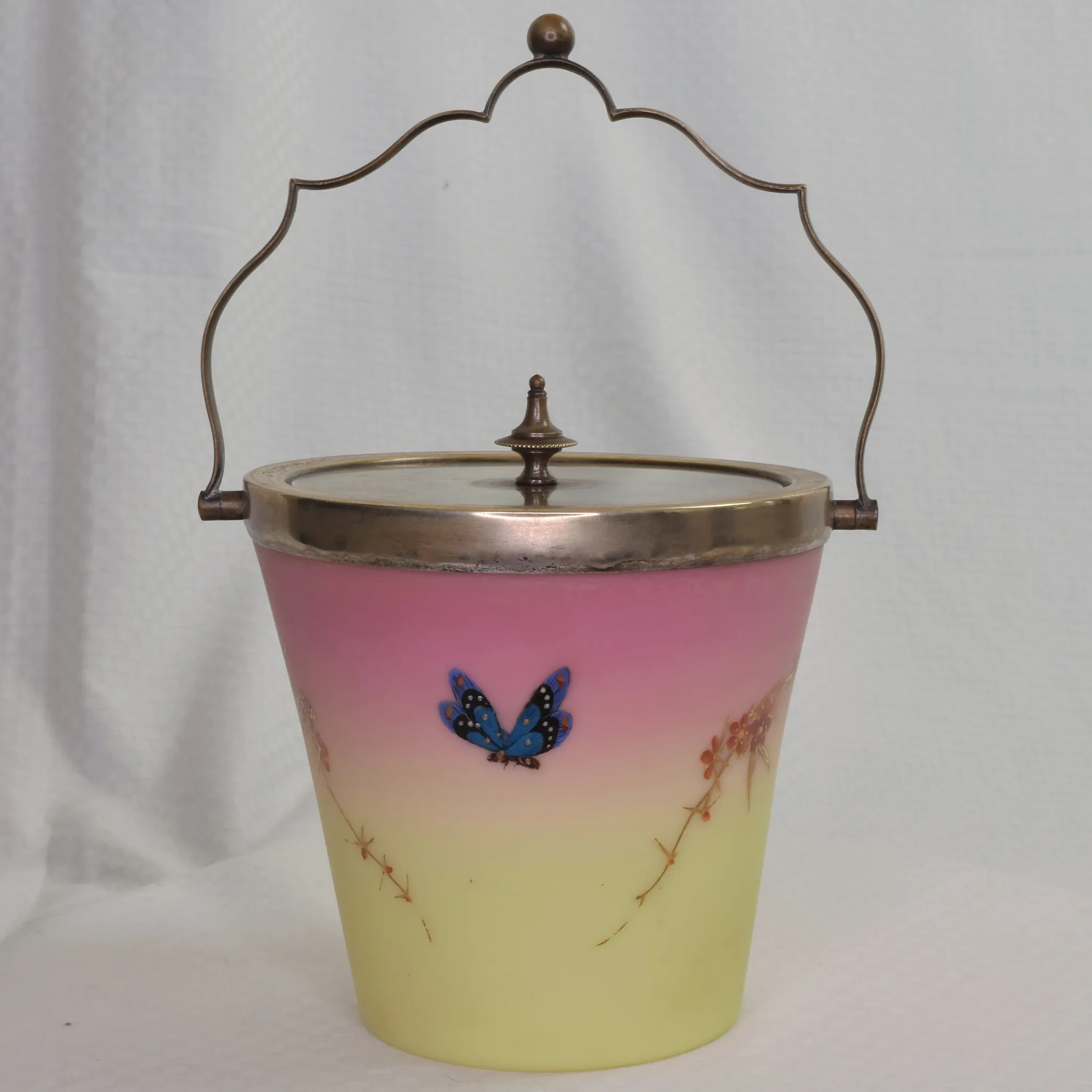 Antique Enameled Thomas Webb Burmese Glass Biscuit Jar - Silver Mounts - View 3