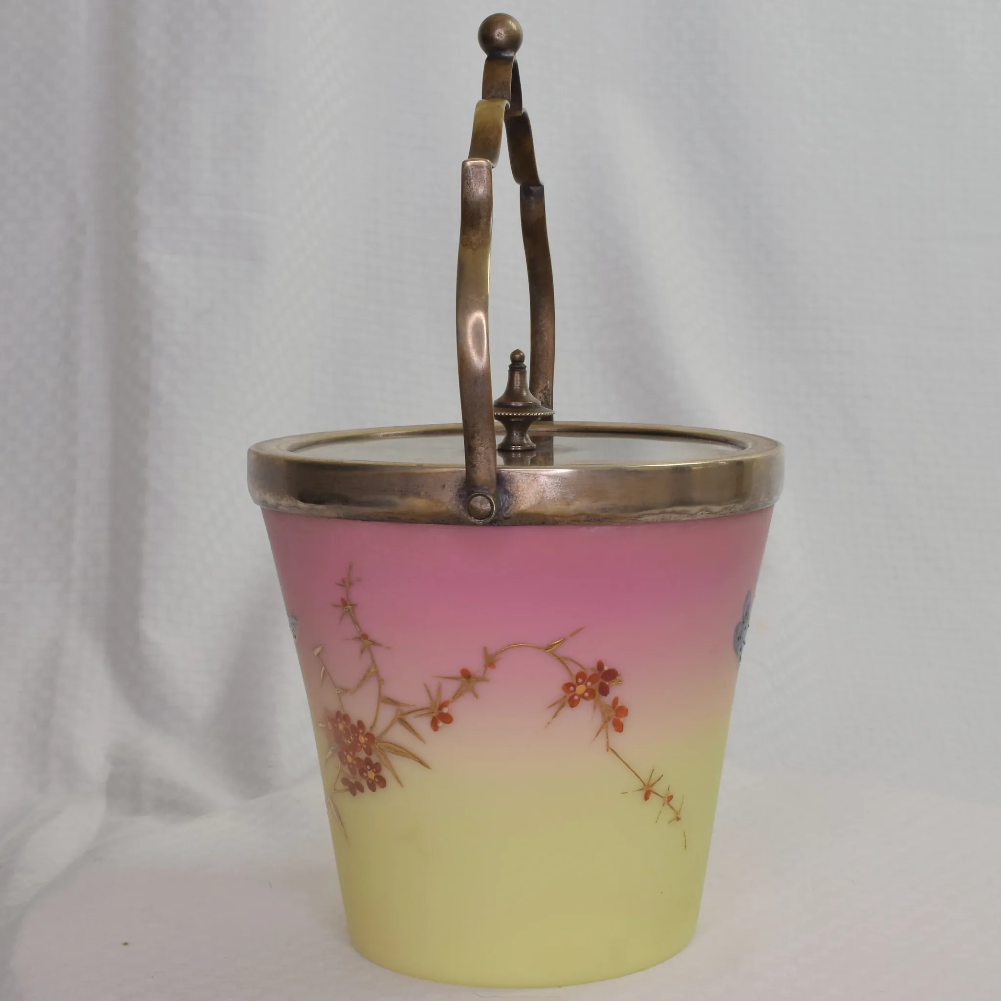 Antique Enameled Thomas Webb Burmese Glass Biscuit Jar - Silver Mounts - View 4