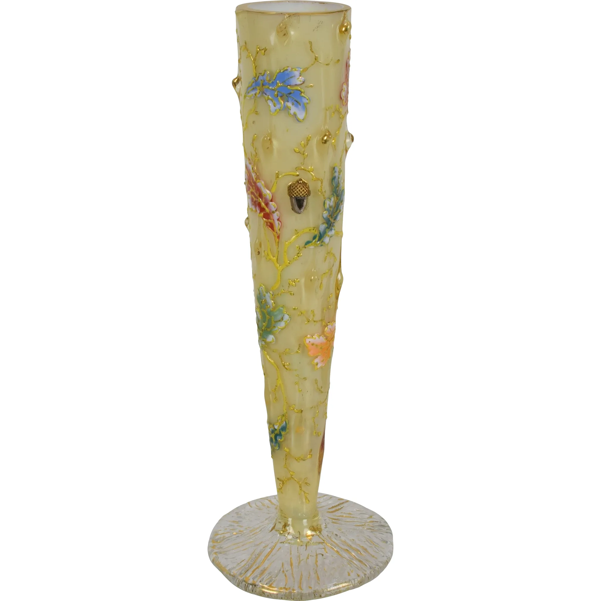 Antique Moser Cased Glass Bud Vase - Organic Form with Acorns and Enameled Oak Leaves