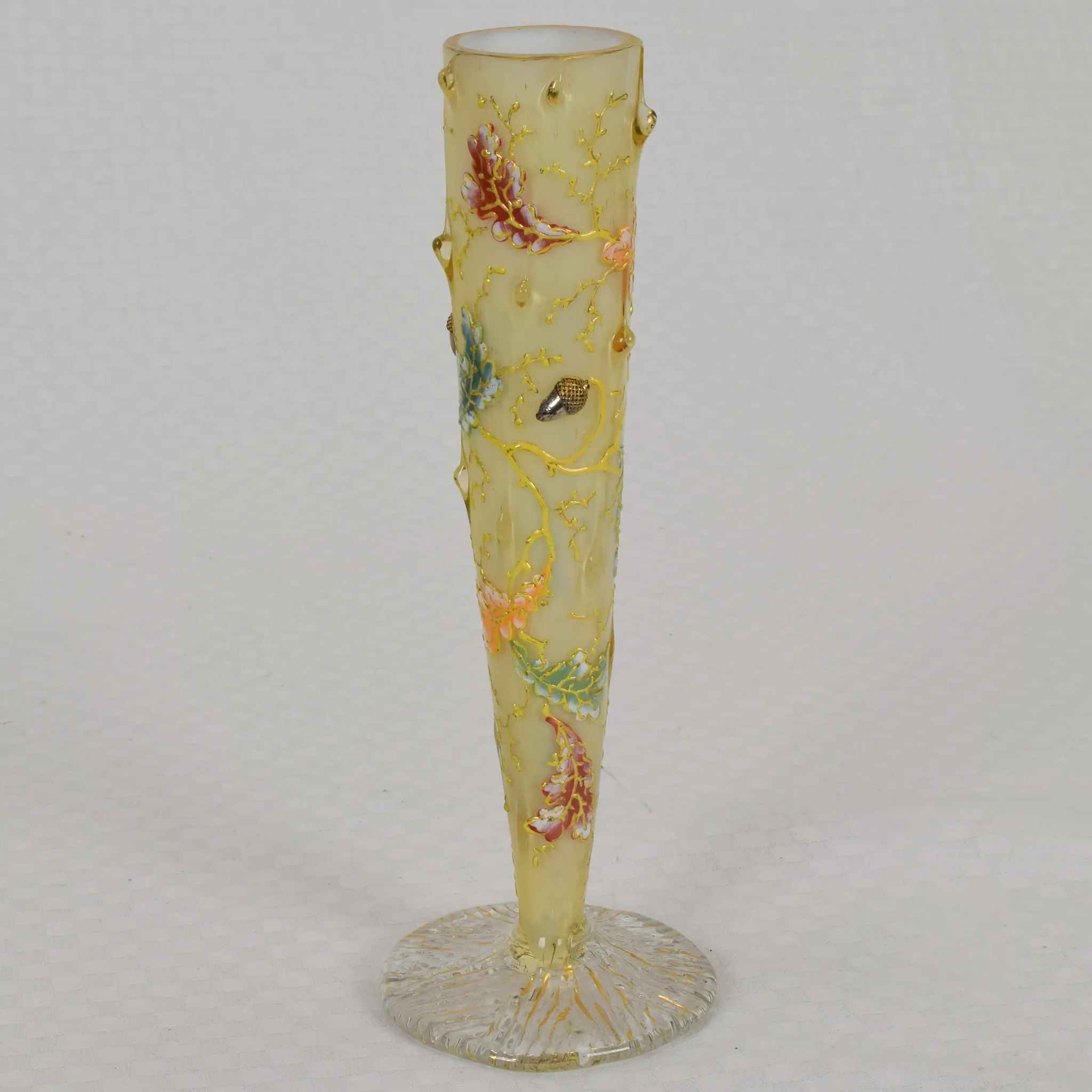 Antique Moser Cased Glass Bud Vase - Organic Form with Acorns and Enameled Oak Leaves - View 2