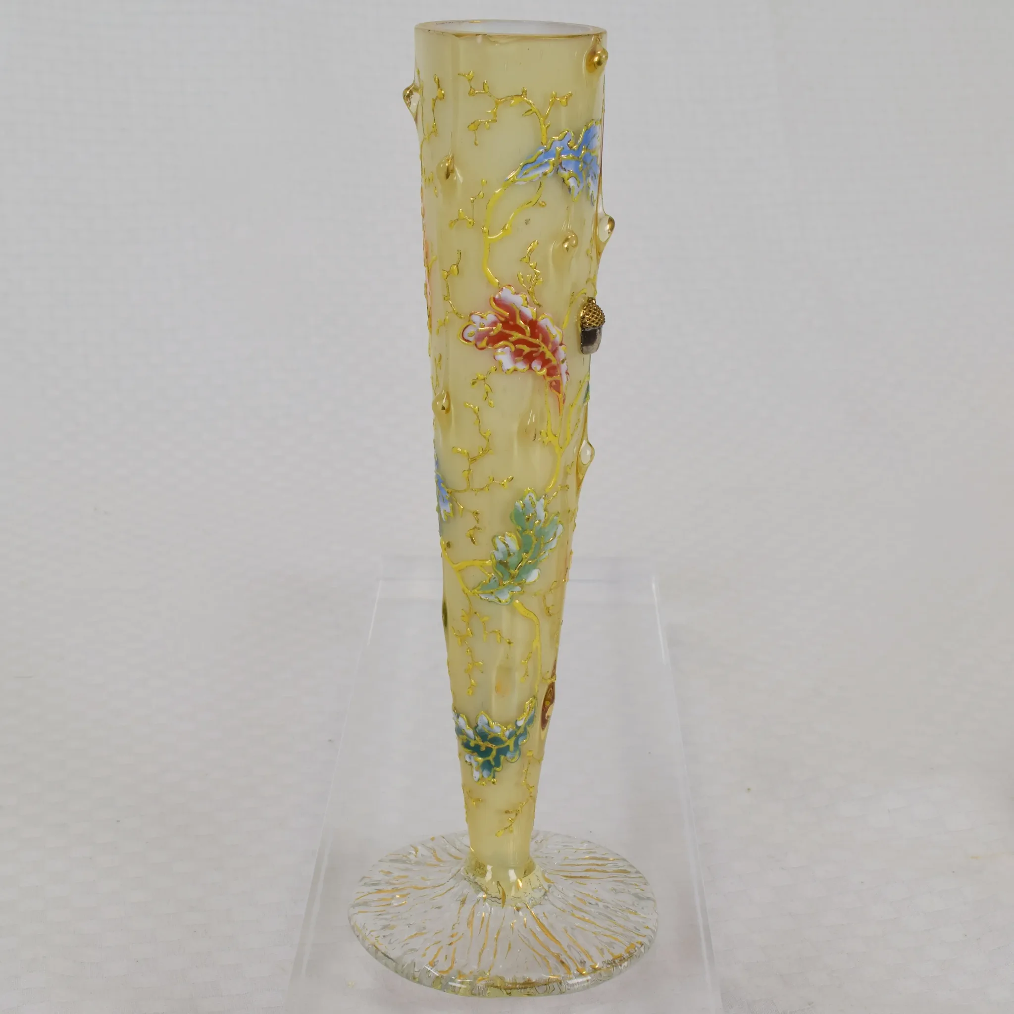 Antique Moser Cased Glass Bud Vase - Organic Form with Acorns and Enameled Oak Leaves - View 3