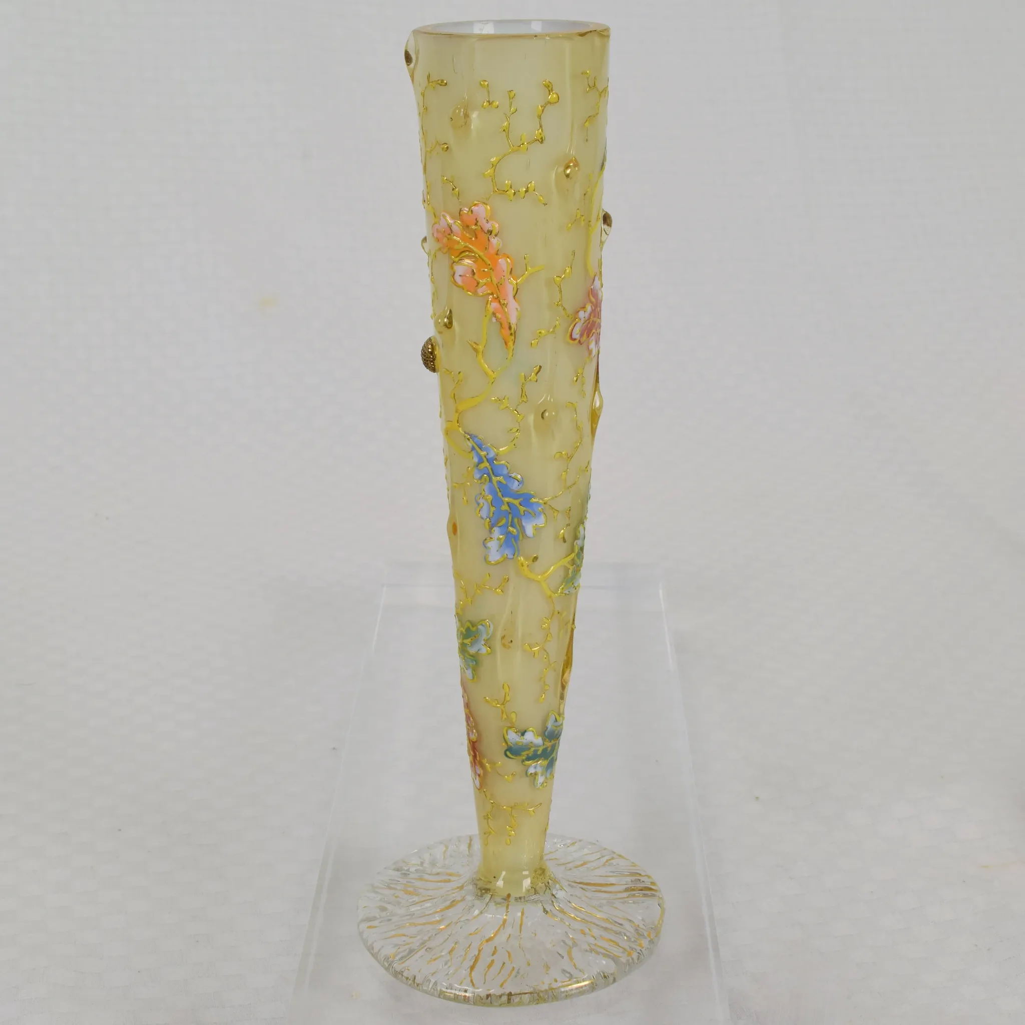 Antique Moser Cased Glass Bud Vase - Organic Form with Acorns and Enameled Oak Leaves - View 4
