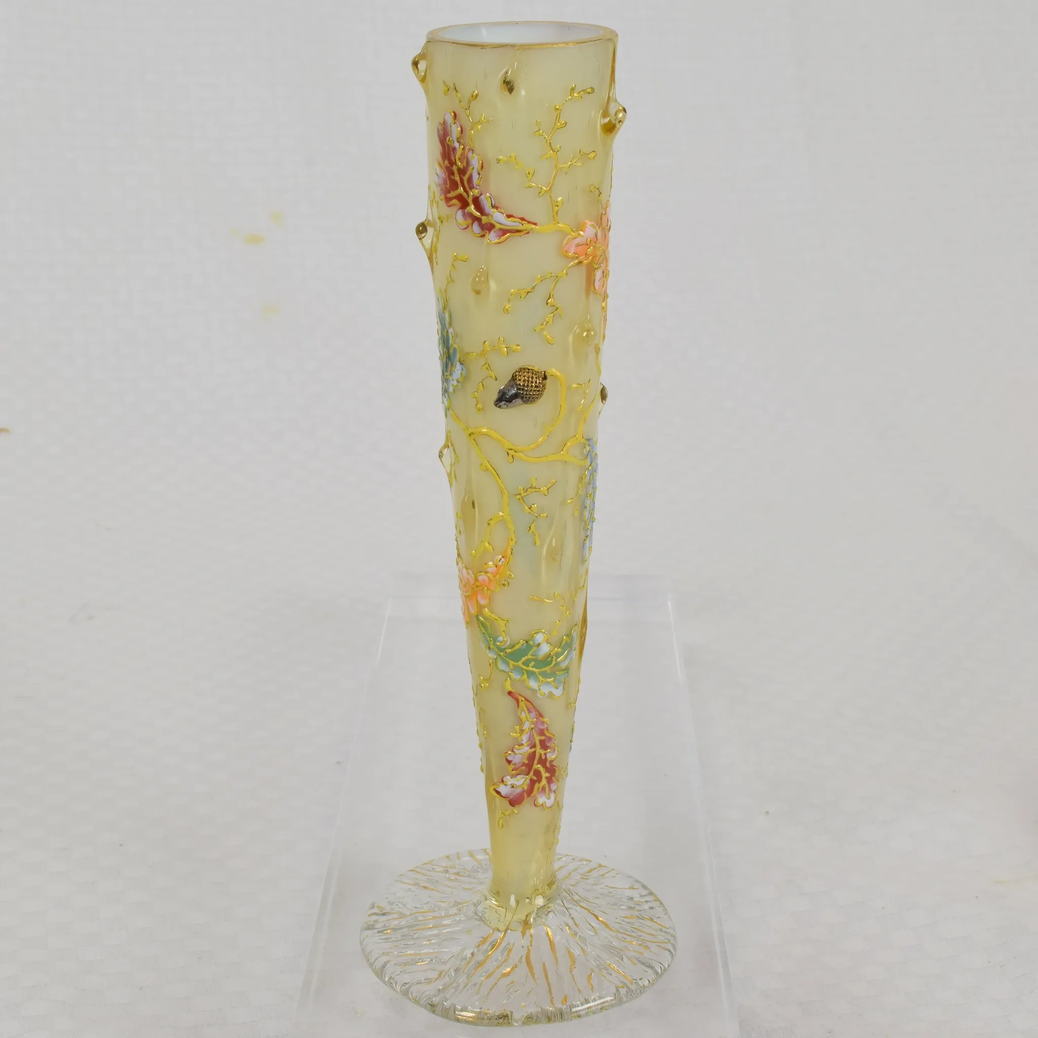 Antique Moser Cased Glass Bud Vase - Organic Form with Acorns and Enameled Oak Leaves - View 5