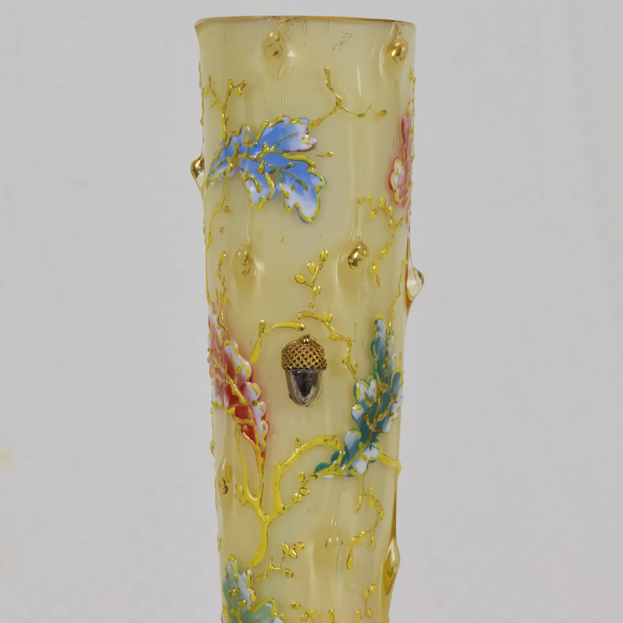 Antique Moser Cased Glass Bud Vase - Organic Form with Acorns and Enameled Oak Leaves - View 6