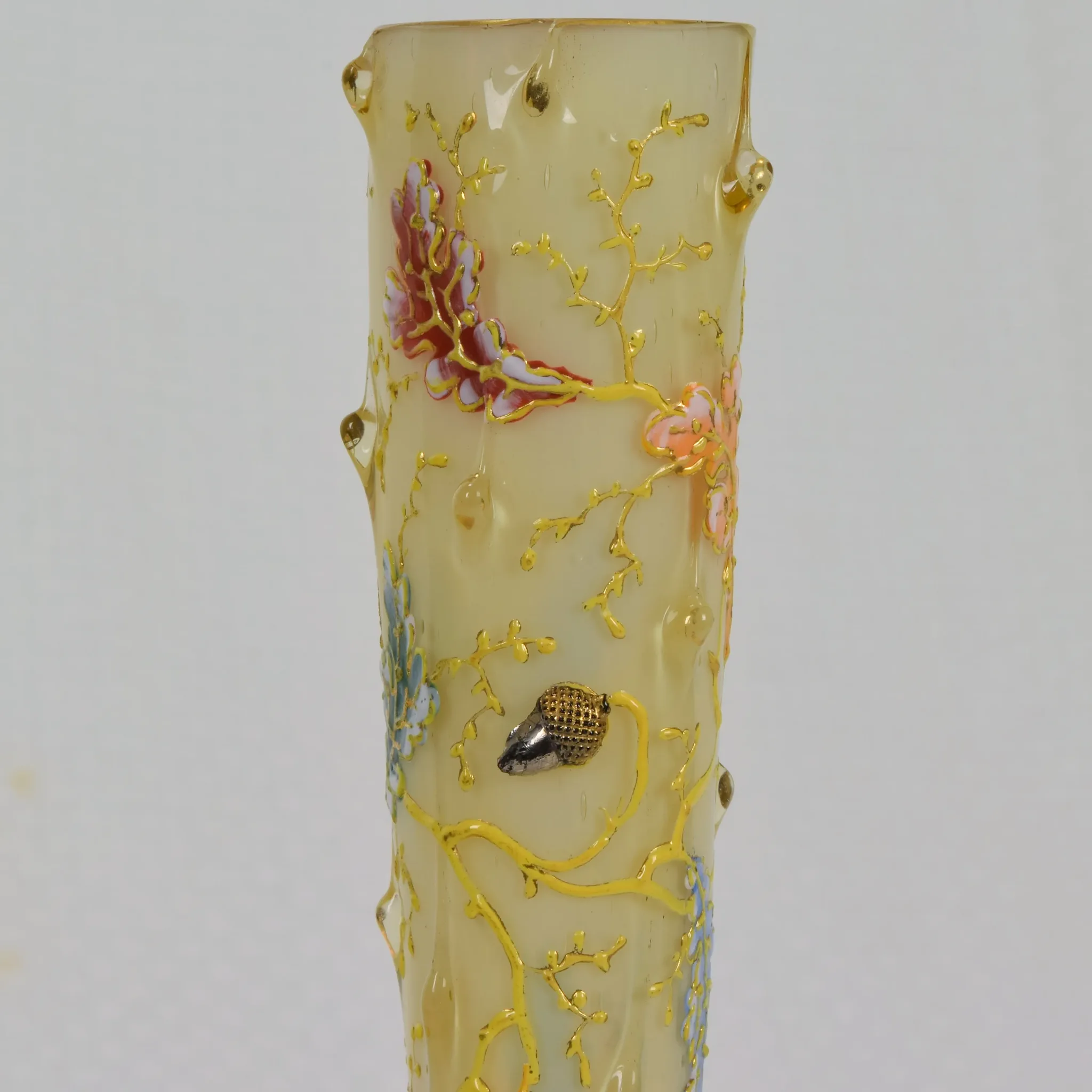 Antique Moser Cased Glass Bud Vase - Organic Form with Acorns and Enameled Oak Leaves - View 7