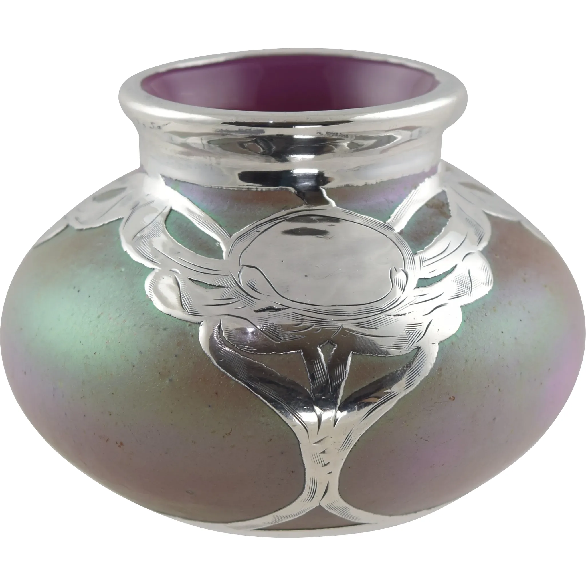 Antique Loetz Iridescent Vase - Cased Pink Silver Overlay