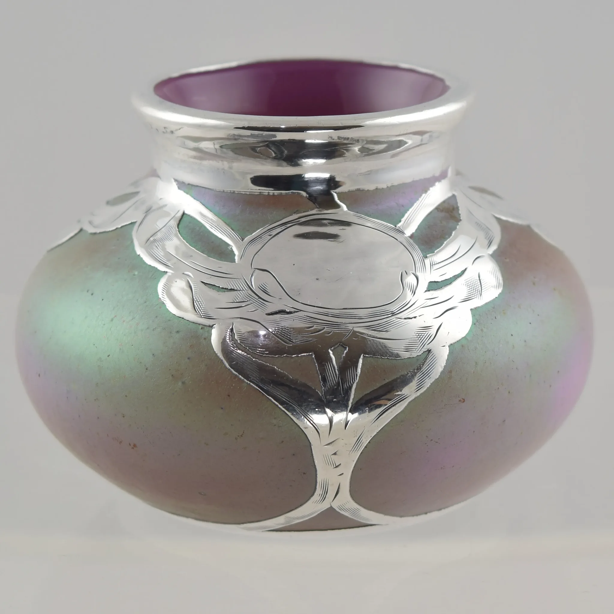 Antique Loetz Iridescent Vase - Cased Pink Silver Overlay - View 2
