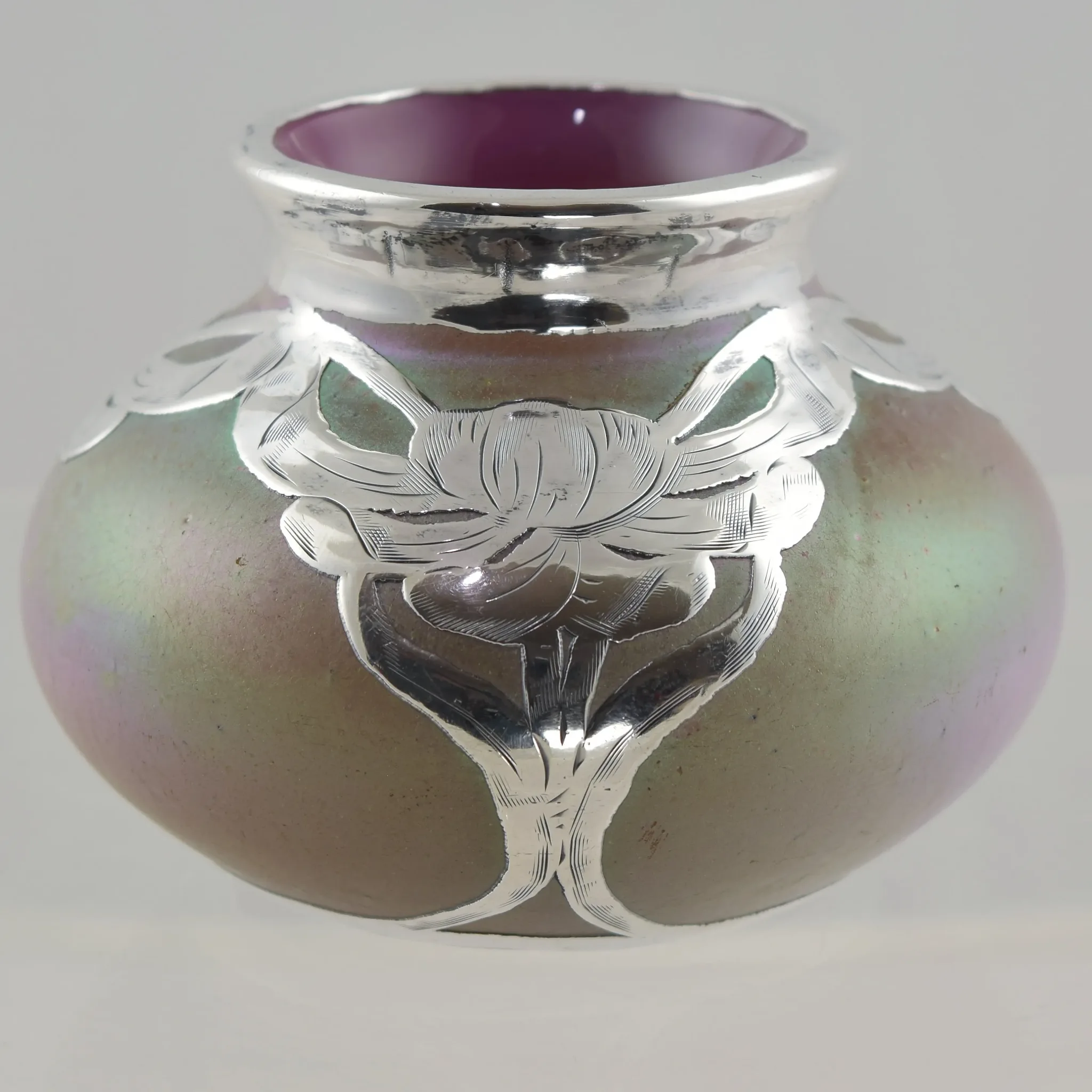 Antique Loetz Iridescent Vase - Cased Pink Silver Overlay - View 3