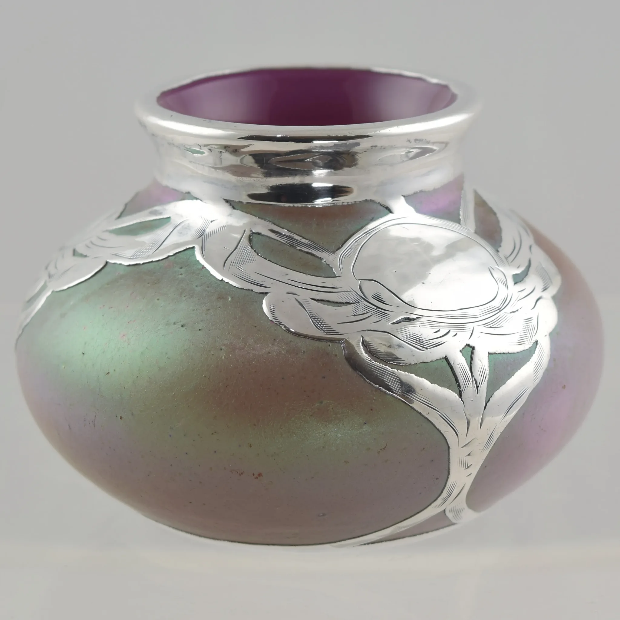 Antique Loetz Iridescent Vase - Cased Pink Silver Overlay - View 5