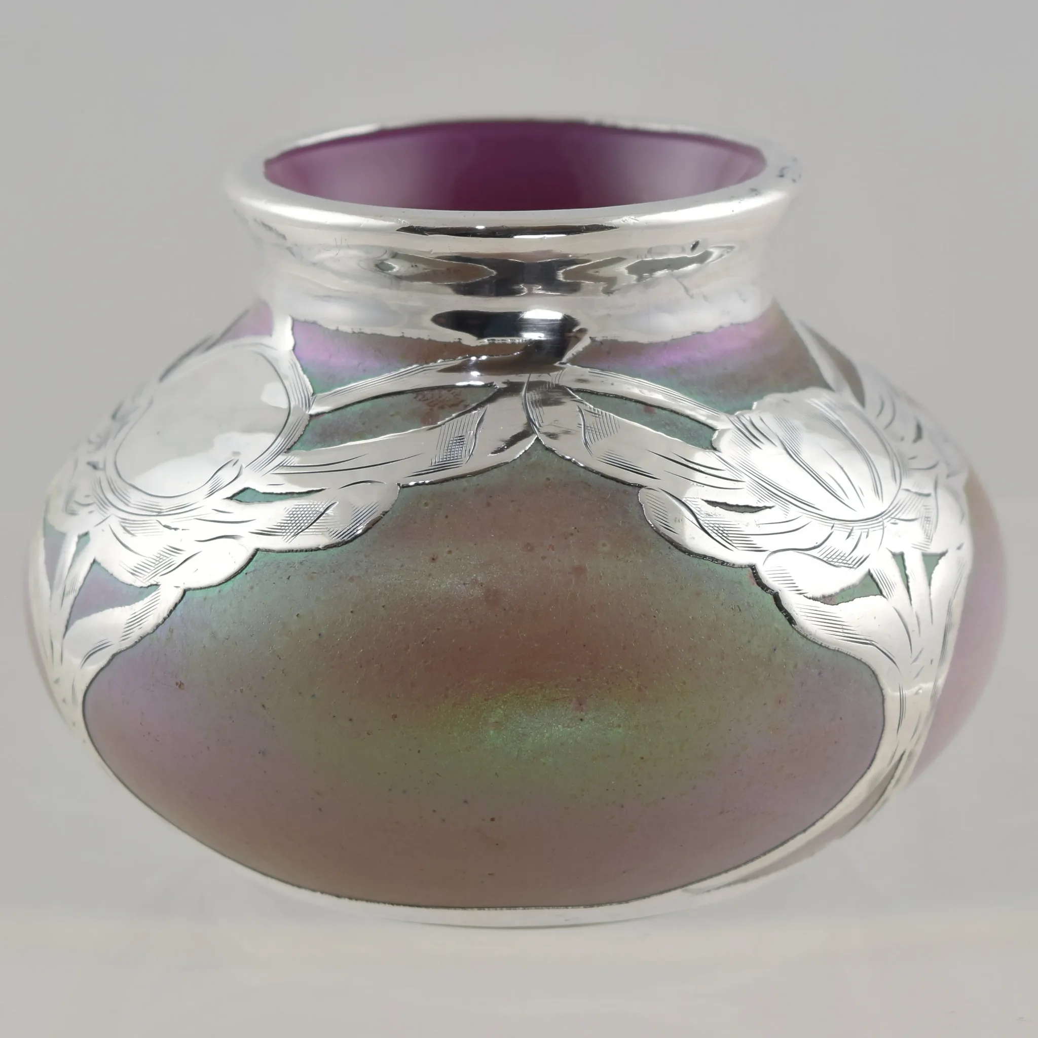 Antique Loetz Iridescent Vase - Cased Pink Silver Overlay - View 6