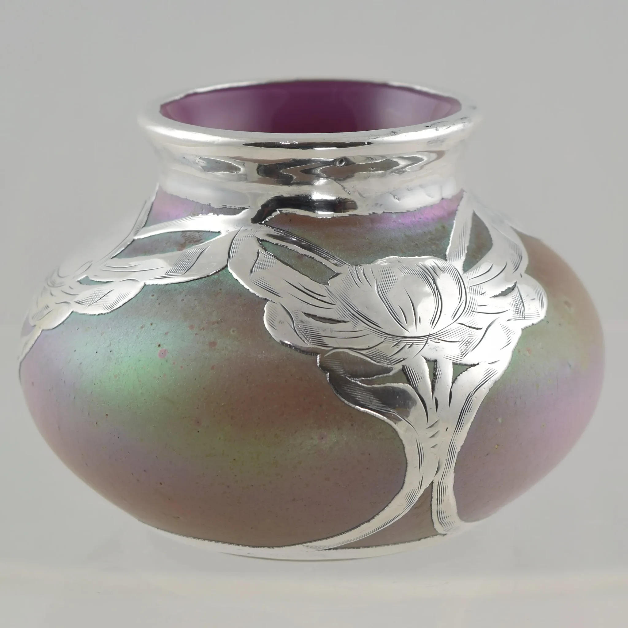 Antique Loetz Iridescent Vase - Cased Pink Silver Overlay - View 7