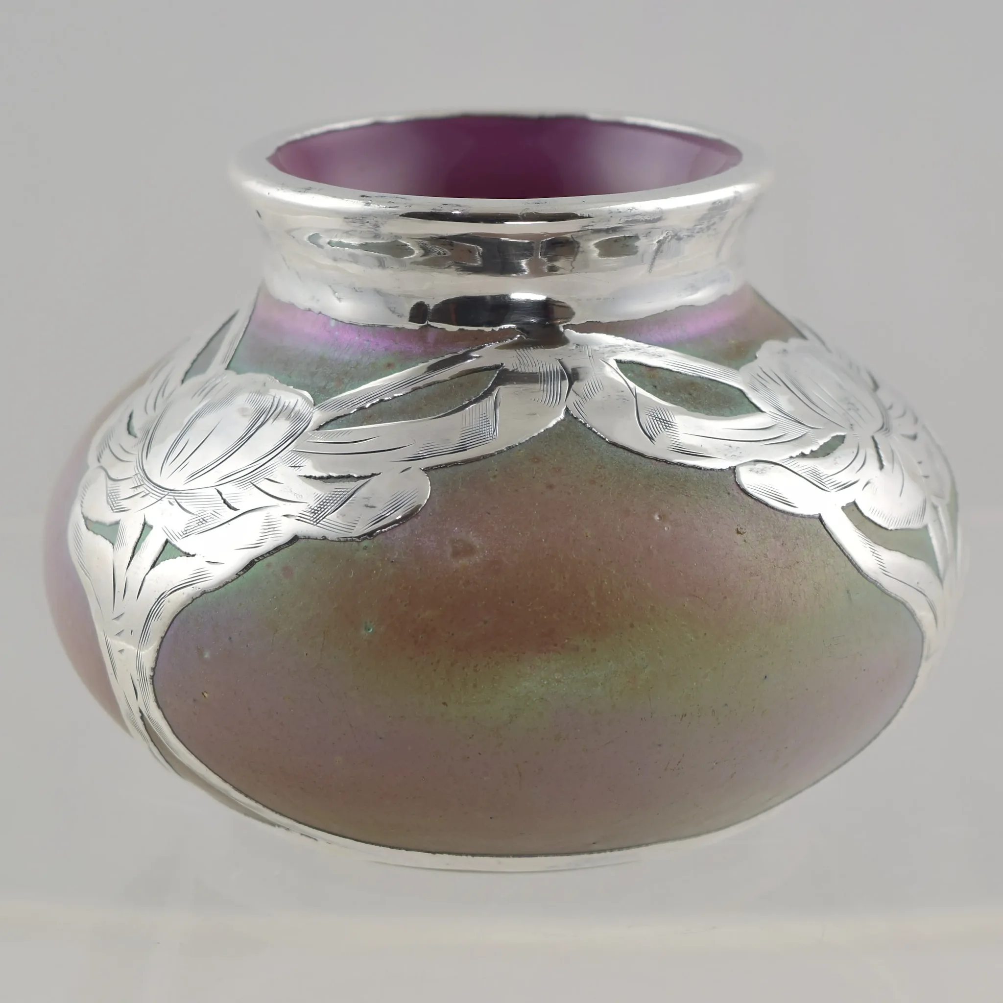 Antique Loetz Iridescent Vase - Cased Pink Silver Overlay - View 8