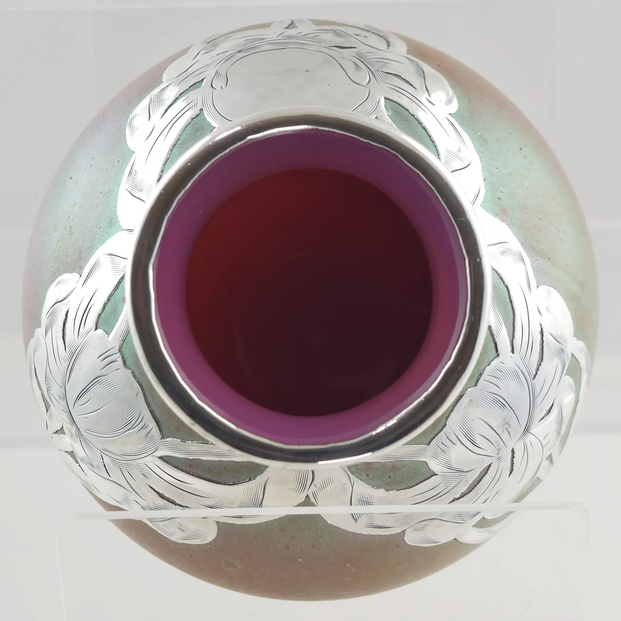 Antique Loetz Iridescent Vase - Cased Pink Silver Overlay - View 9