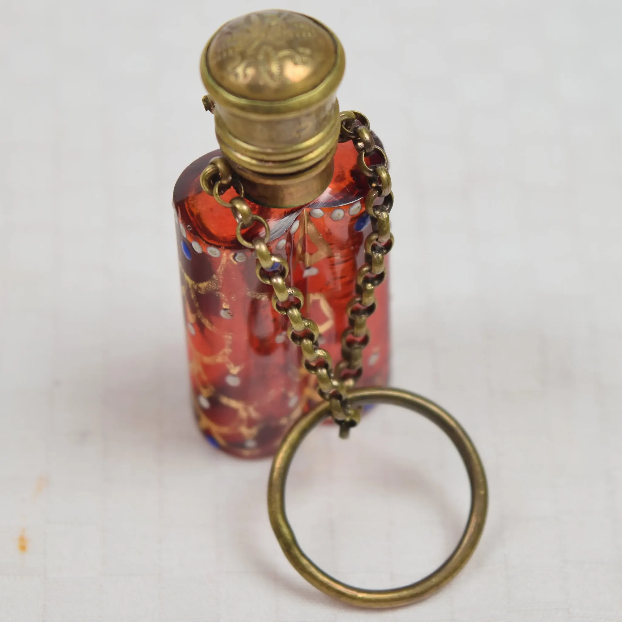 Antique Cranberry Glass Scent / Perfume Bottle Chatelaine - View 5
